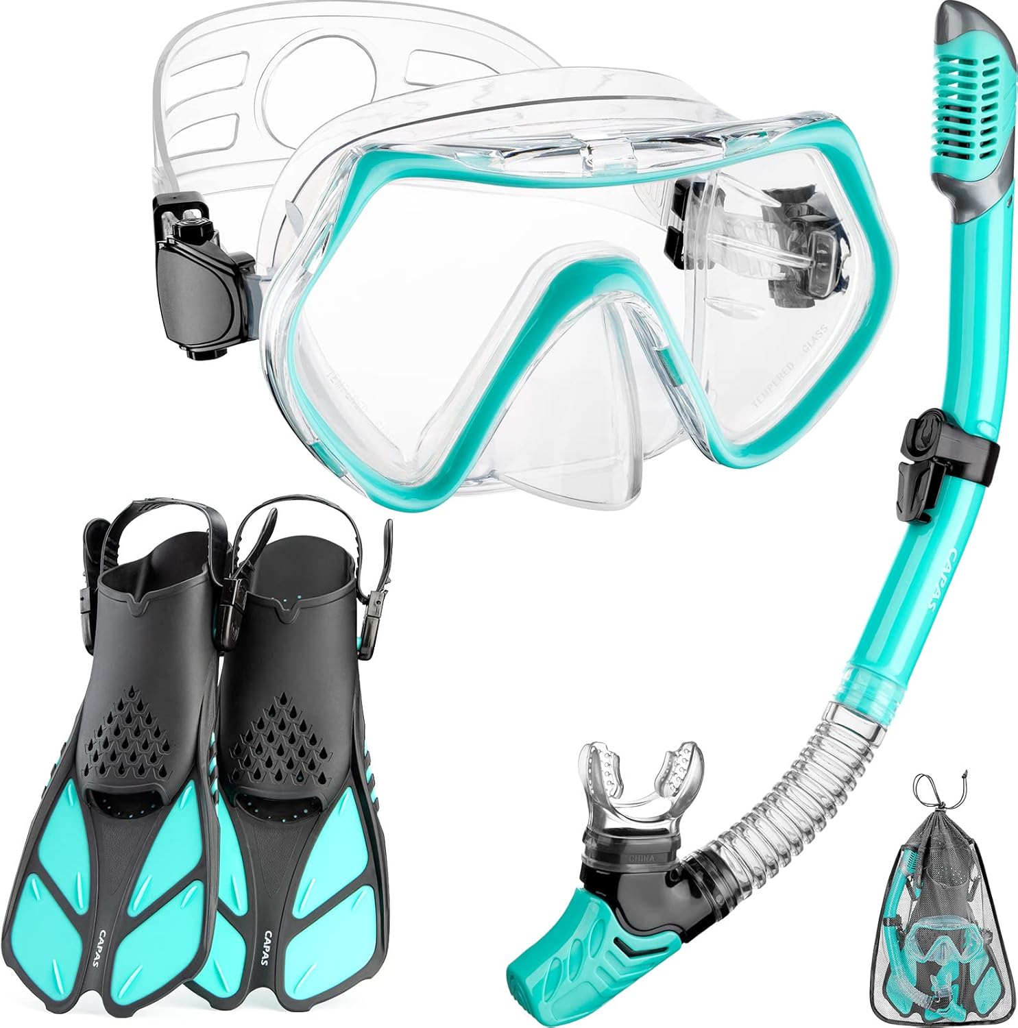 CAPAS Snorkel Mask Fins Set, Travel Size Snorkeling Gear for Adults