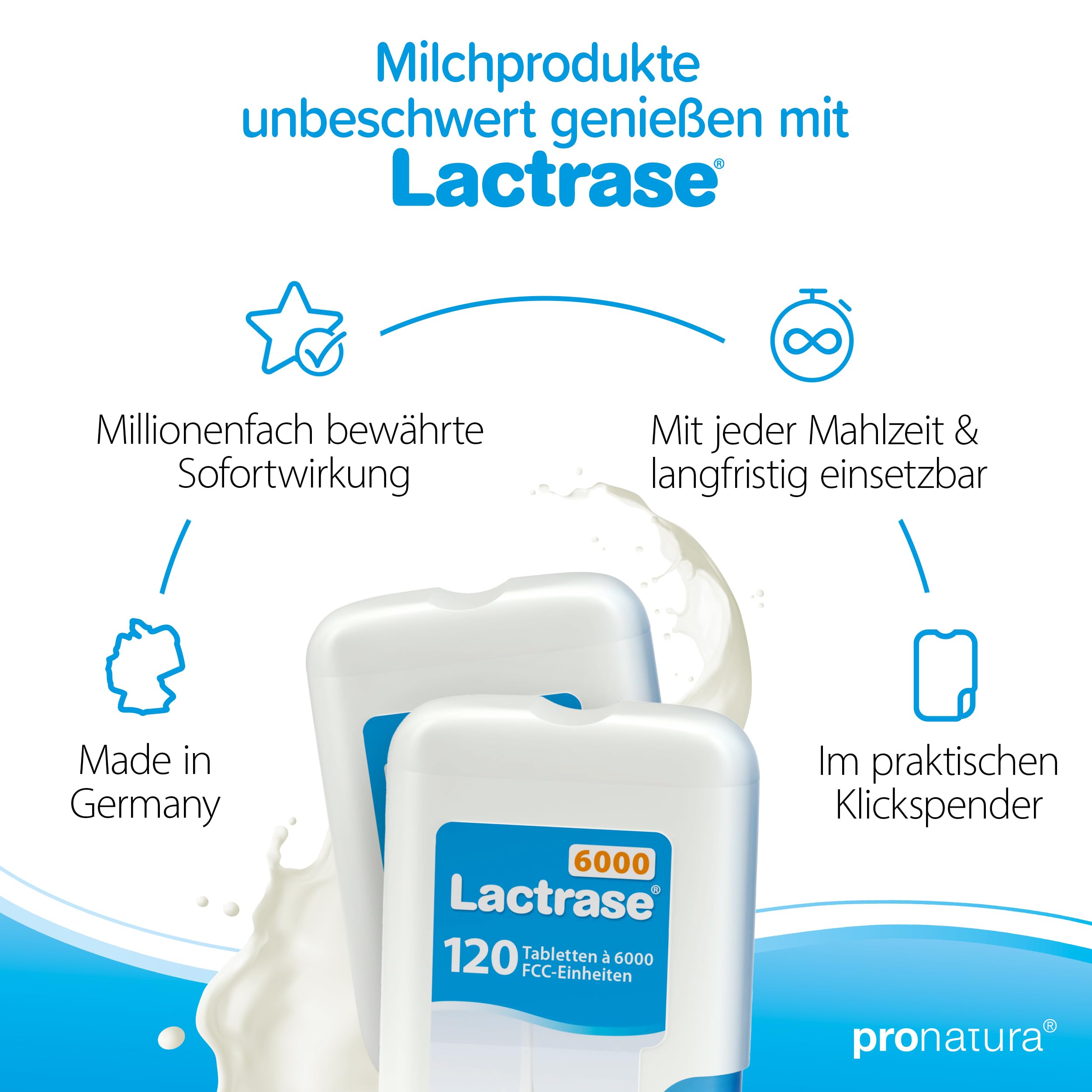 pro natura Lactrase 6000 – 2x120 Lactase Tabletten bei Lactose-Intoleranz, für den unbeschwerten Genuss von Milch und Milchprodukten