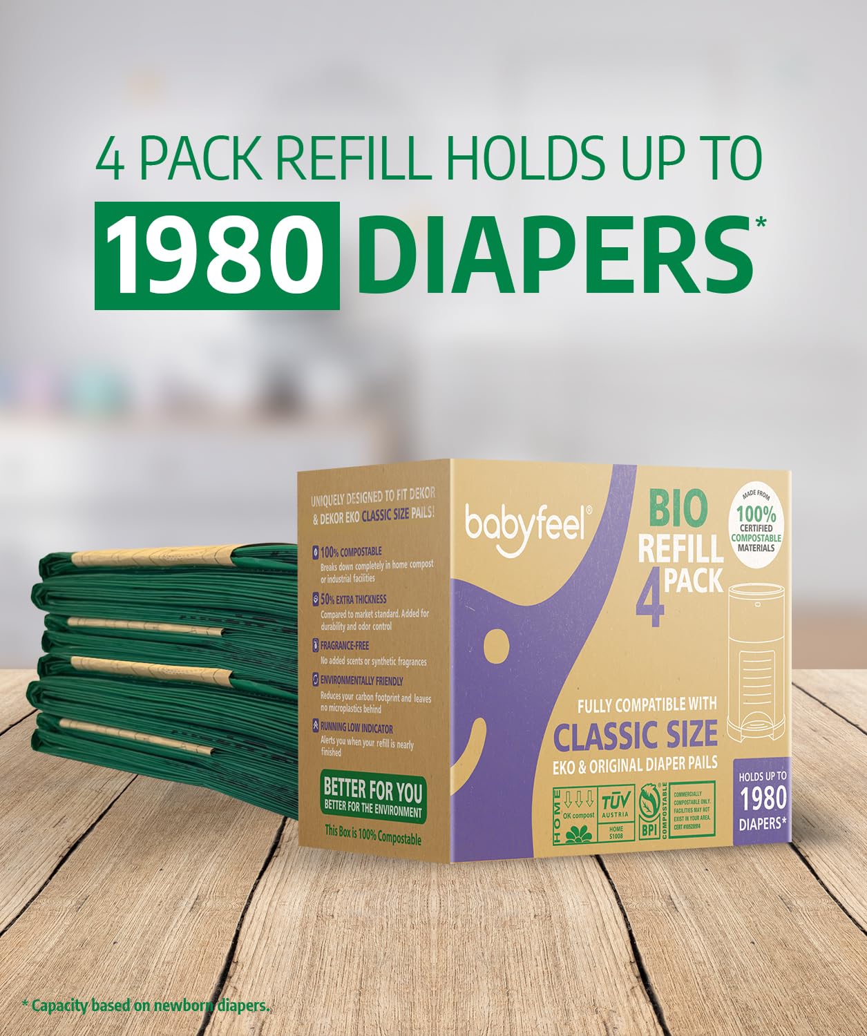 Babyfeel BIO Recharges compatibles avec les seaux à couches DEKOR CLASSIC | 100 % compostables | Lot de 4 | Exclusivité 50 % d'épaisseur supplémentaire | Sacs de recharge de compost avec élimination