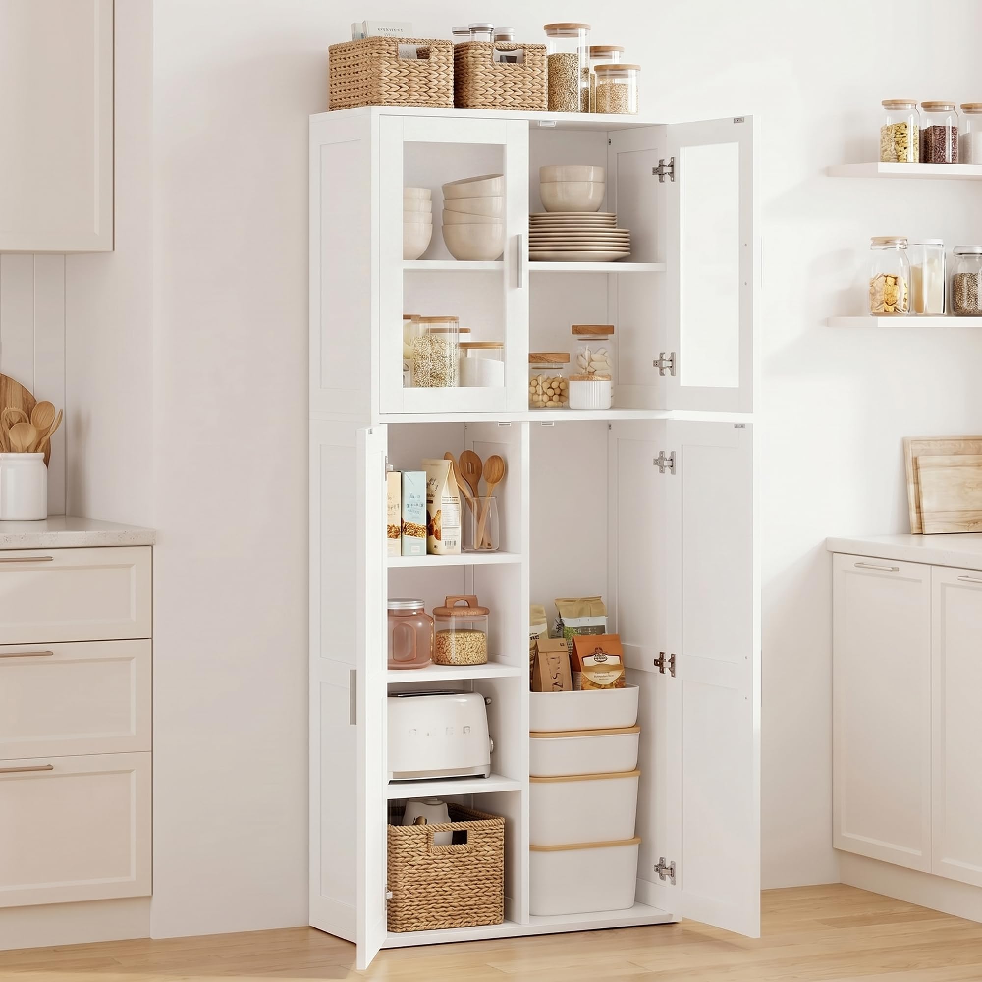 1 Pieza Armario de Cocina, Armario Escobero Exterior para Escobas Aparador Alto Estante con Puertas y Estante Ajustable Armarios para Baño/Cocina/Sala de Estar/Comedor/Pasillo/Blanco/65×30×165CM