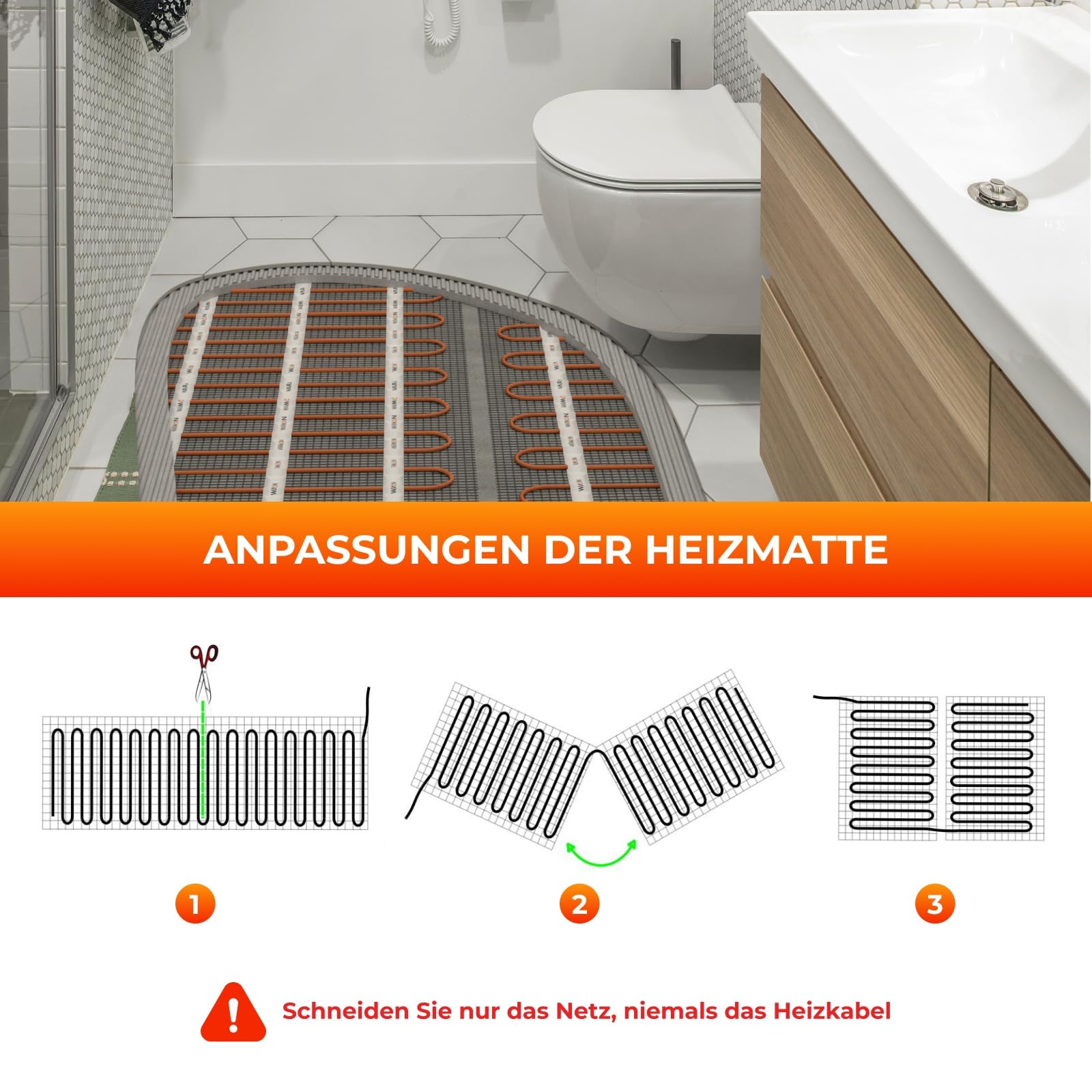 Zweiader-Heizmatte WARMON CLASSIC 150 W/m² für Fliesen, Festwiderstandsheizkabel, selbstklebend mit Trägergewebe, Mattengröße:1 m²