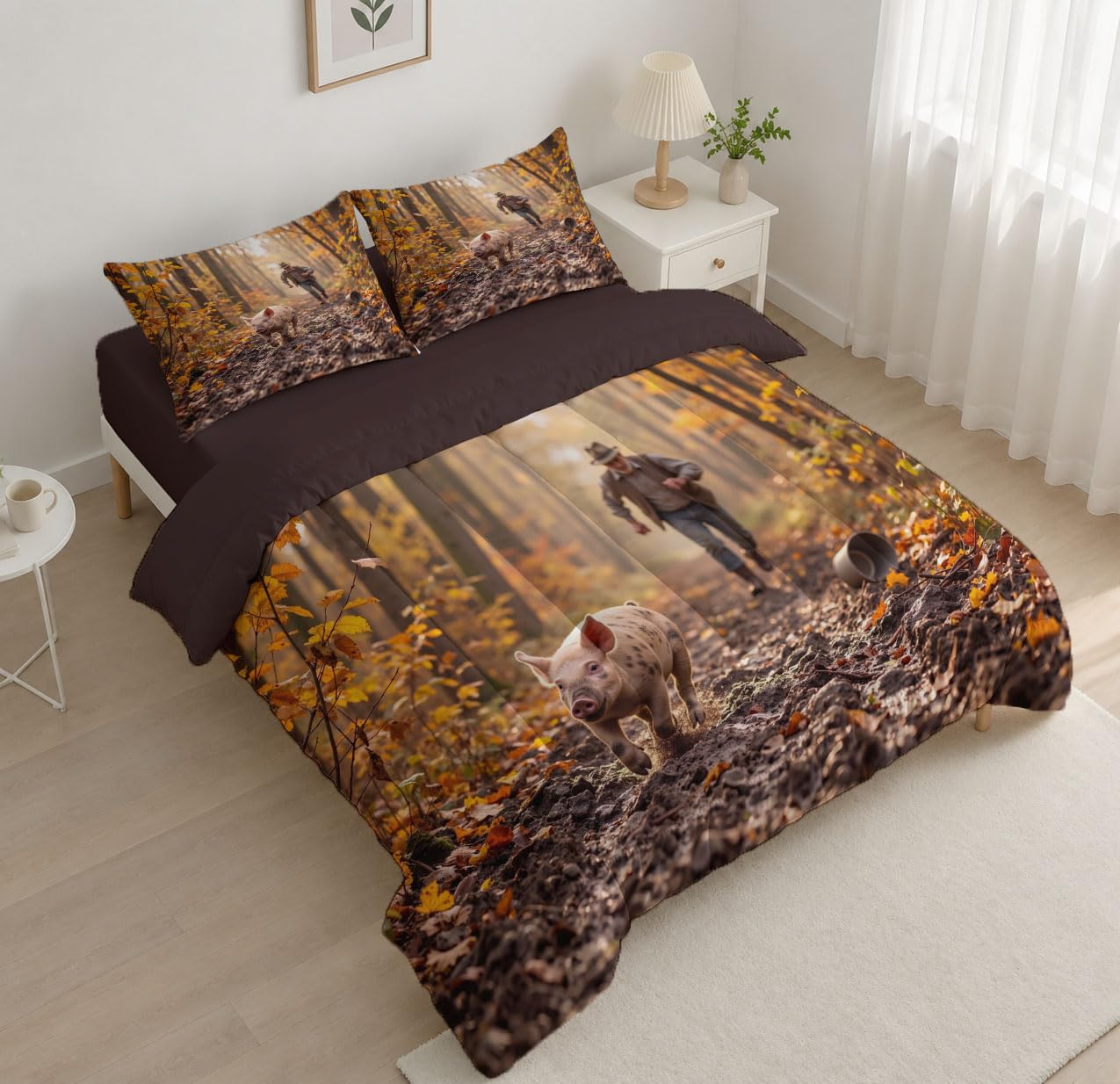 Orange Bettdecke 264X240 cm 4 Jahreszeiten, Waldfotografie Wende Steppdecke Waschbare | Herbstliche Charaktere Schwein Bettdecke Ohne Bezug, Schlafdecke Leicht Weiche Ganzjahresdecke