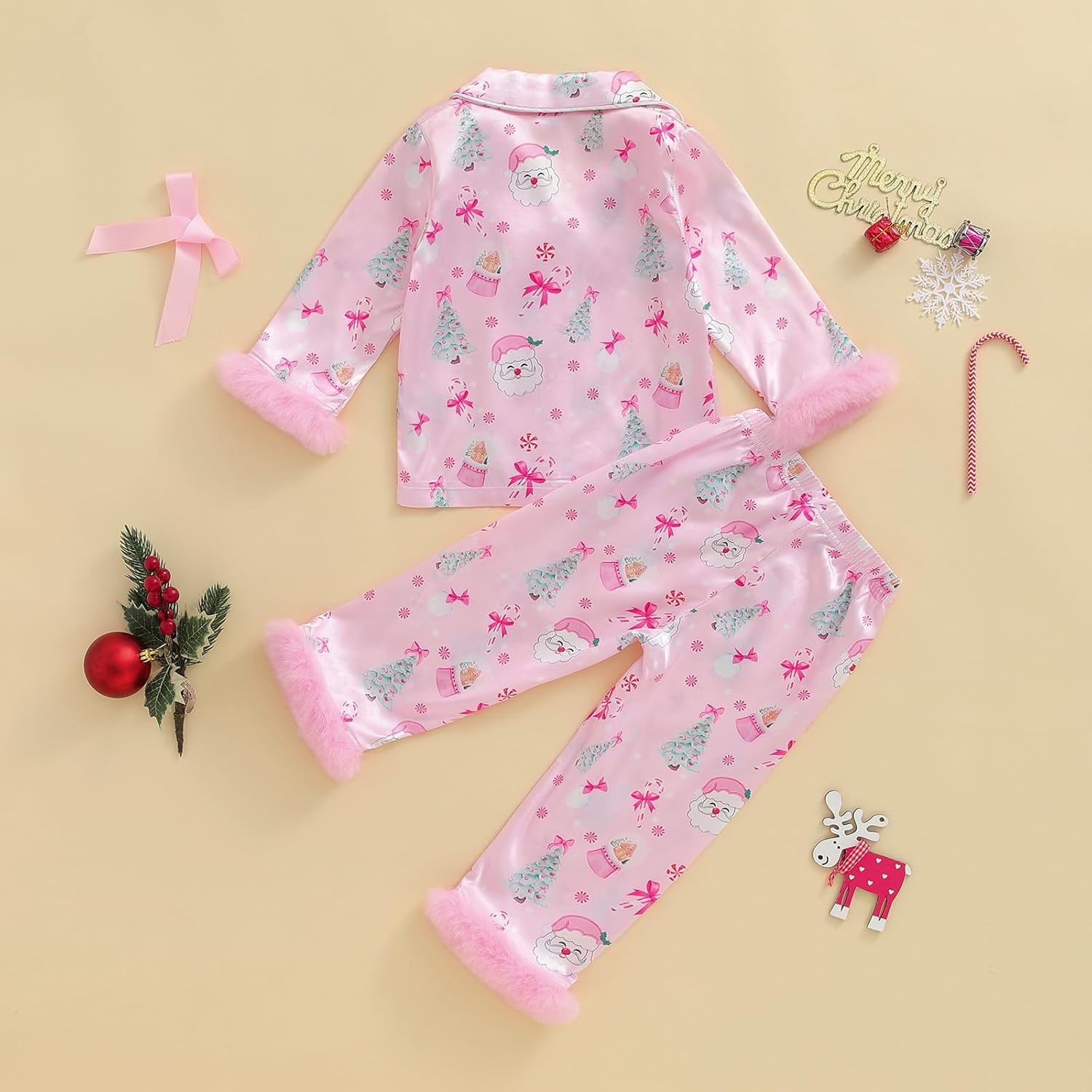 Kuriozud Kids Toddler Girl Satin Pajamas Fuzzy Trim Long Sleeve Button Down Shirt Top and Pants 2pcs Pjs Sets Sleepwear - Image 5