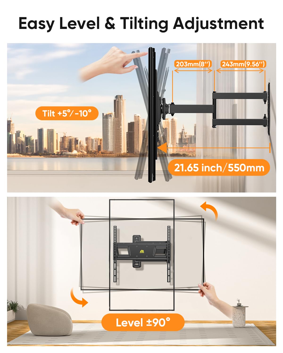 FORGING MOUNT Soporte de pared para TV de 26 a 65 pulgadas, soporte de TV de movimiento completo con extensión de 550 mm, rotación de 180° horizontal a vertical, montaje en pared inclinable, giratorio