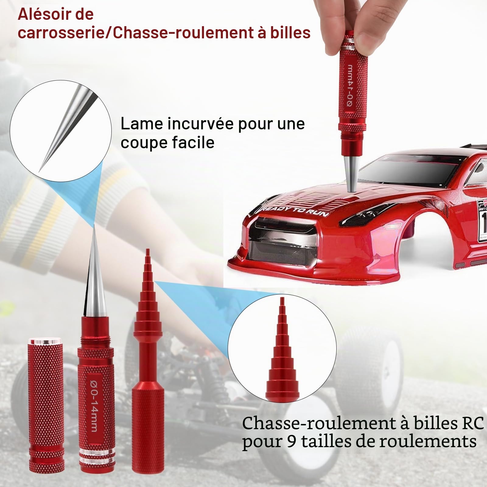 Kit d'outils RC 19 en 1 - Tournevis RC - Écrou Hexagonal Hexagonal - Tournevis cruciforme - Pince RC - Kit de réparation pour 1/8 1/10 Traxxas Axial Arrma DJI - Rouge