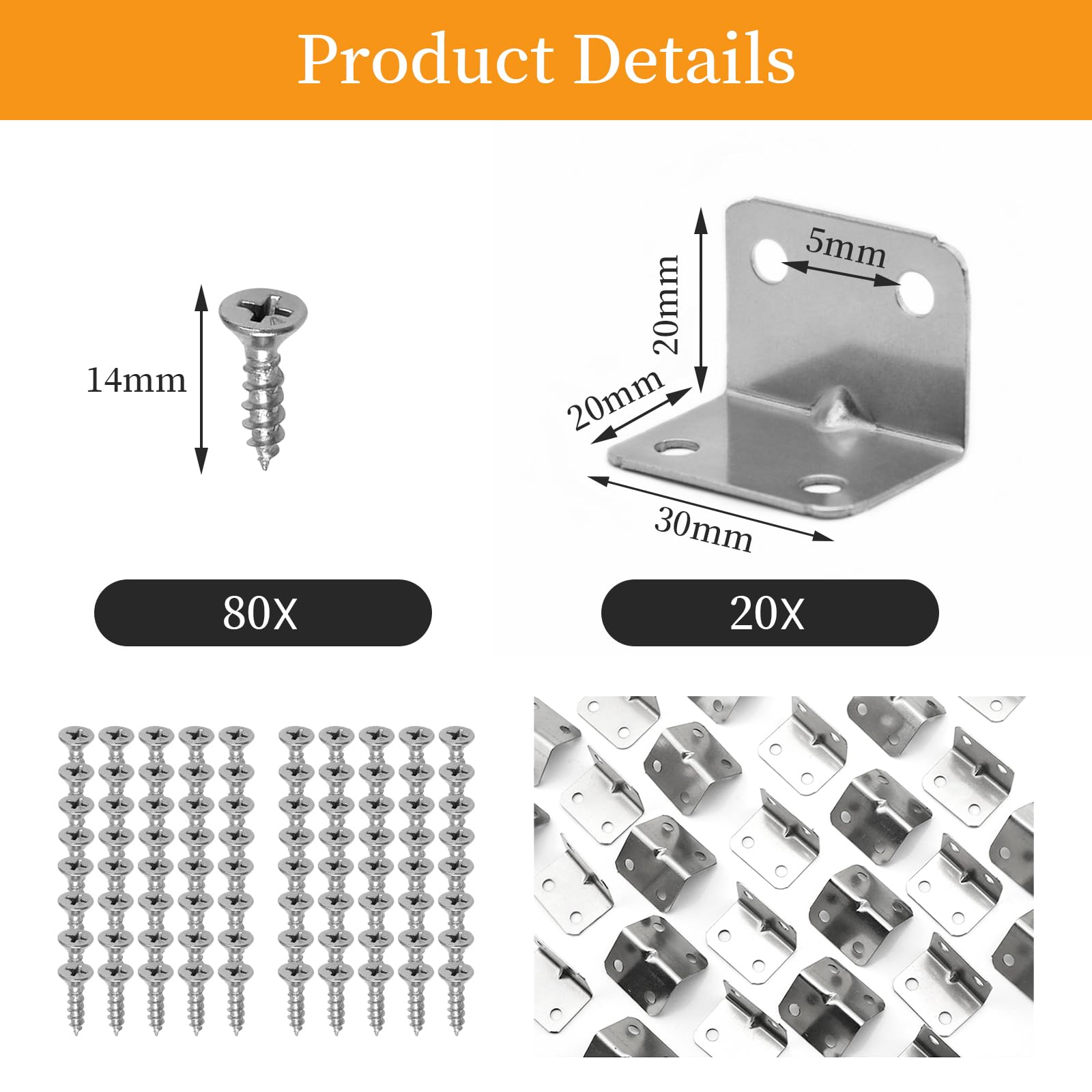 20PCS L Brackets, Stainless Steel Corner Brackets, 90 Degree Corner Brace with 80 Screws - Image 2