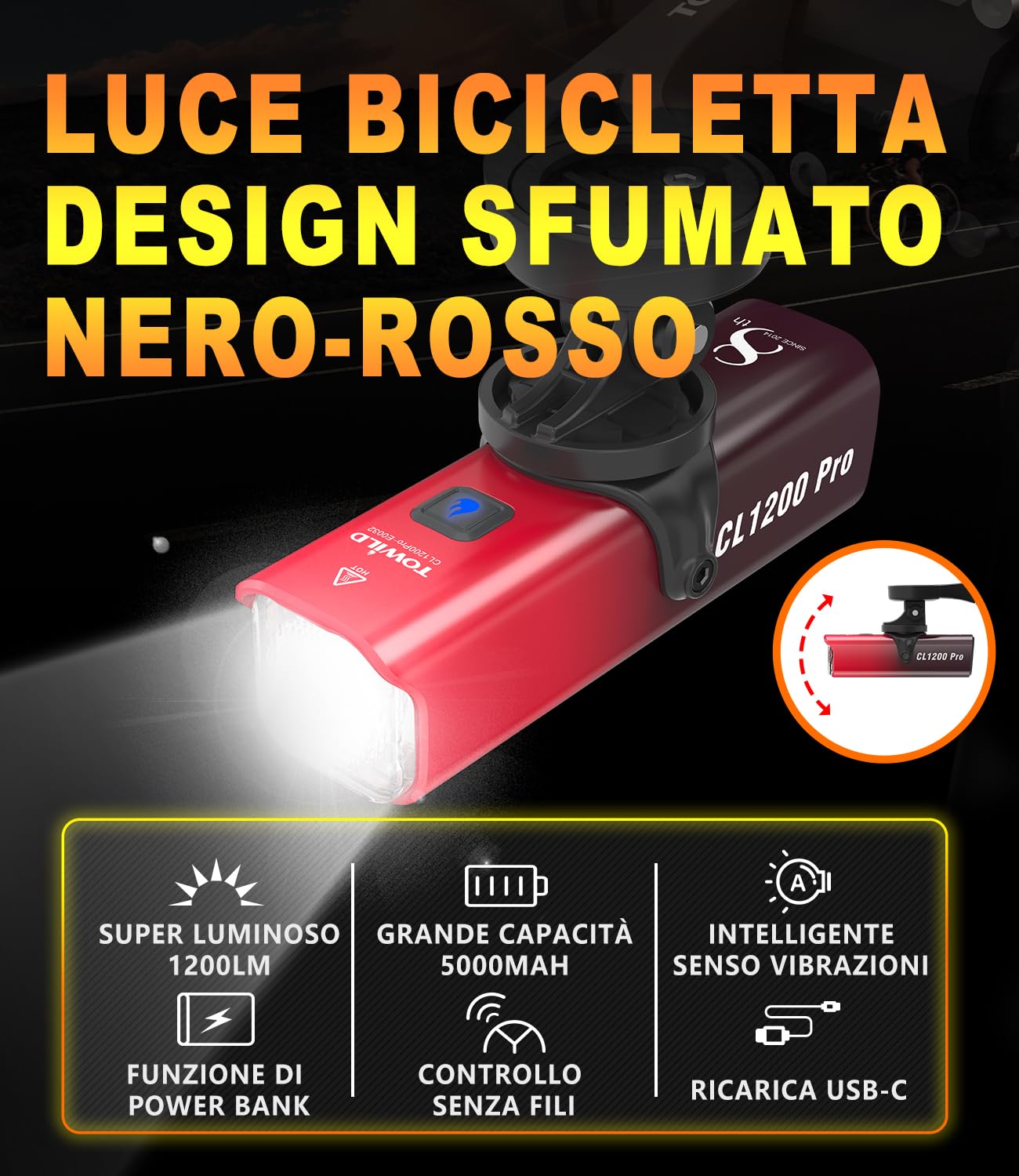 TOWILD Luce Anteriore Bicicletta Intelligente 1200 Lumen,Luci Bici Super Luminosi con Telecomando e Supporto computer da Bici,Faro Bici Impermeabili IPX6 Ricaricabili 5000 mAh per la Guida Notturna