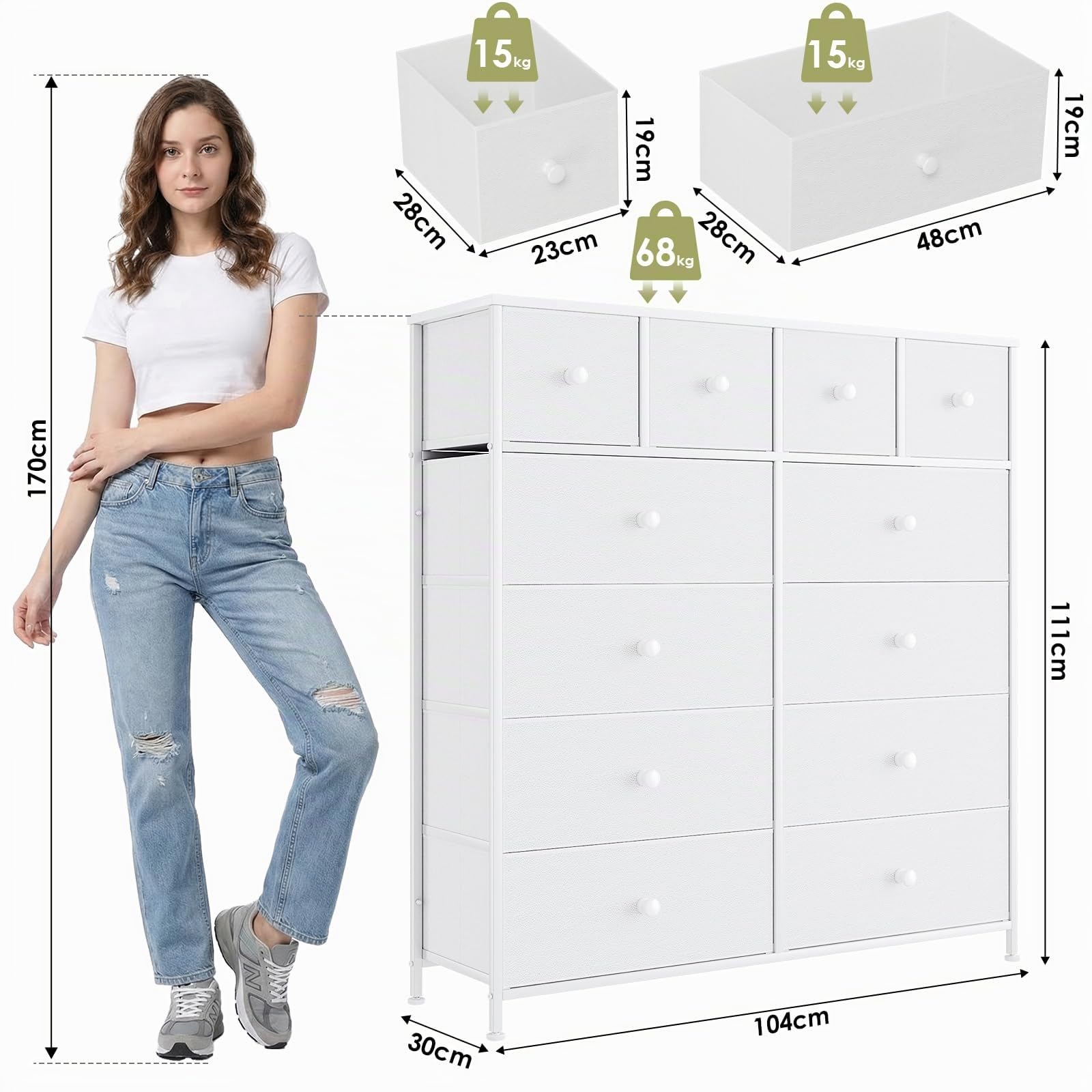 Clevich Cassettiera in tessuto, armadio per riporre, credenza per soggiorno con 12 cassetti per cucina, ufficio, ingresso e camera da letto (Bianco)