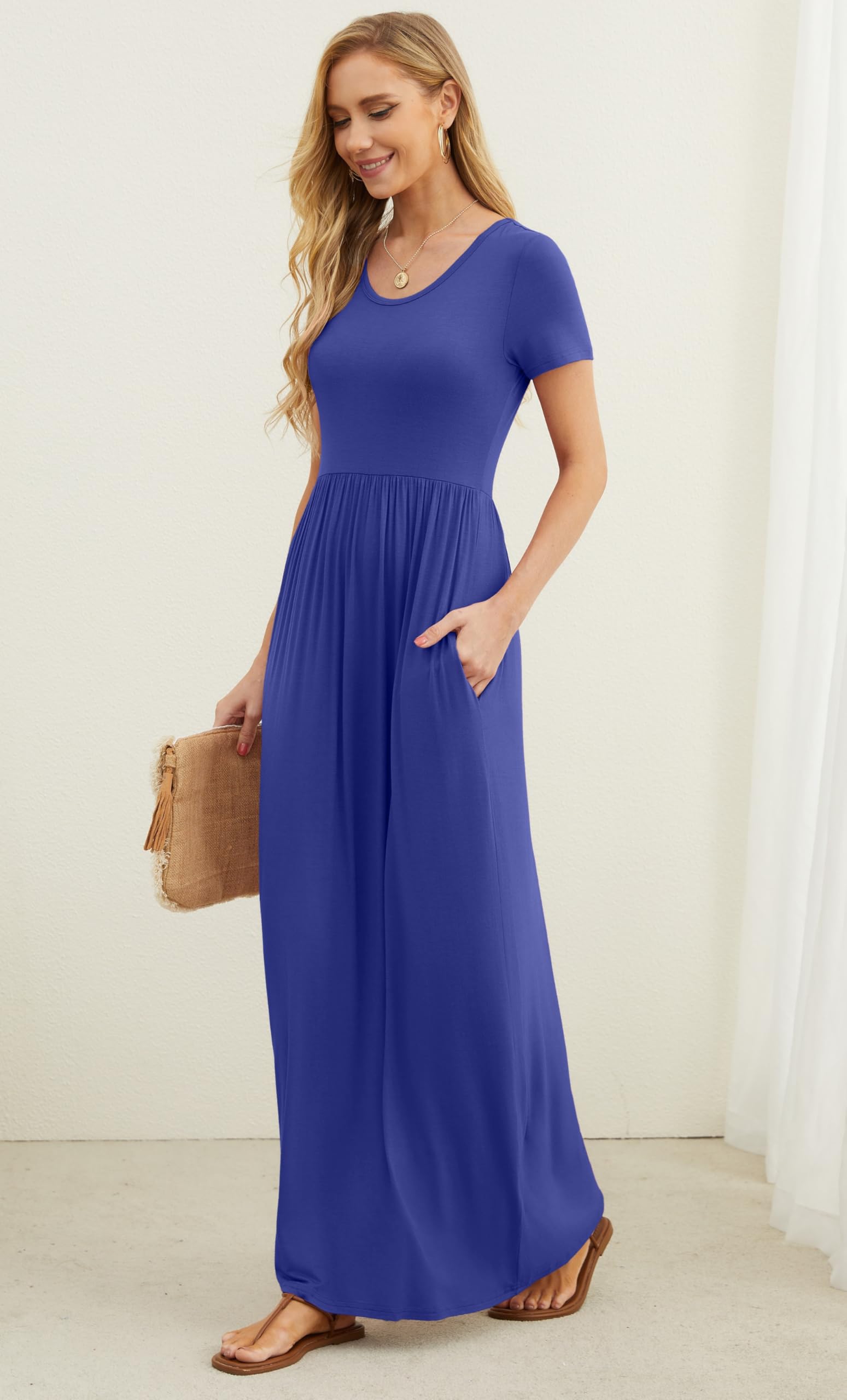 GRECERELLE Womens Summer Maxi Dress Boho Floral Cocktail Midi Polka Dot Wrap Dresses V Neck Casual Party Bohemian Flowy Long Dress for Ladies | Vestido largo casual de manga corta con cuello en V y bolsillo