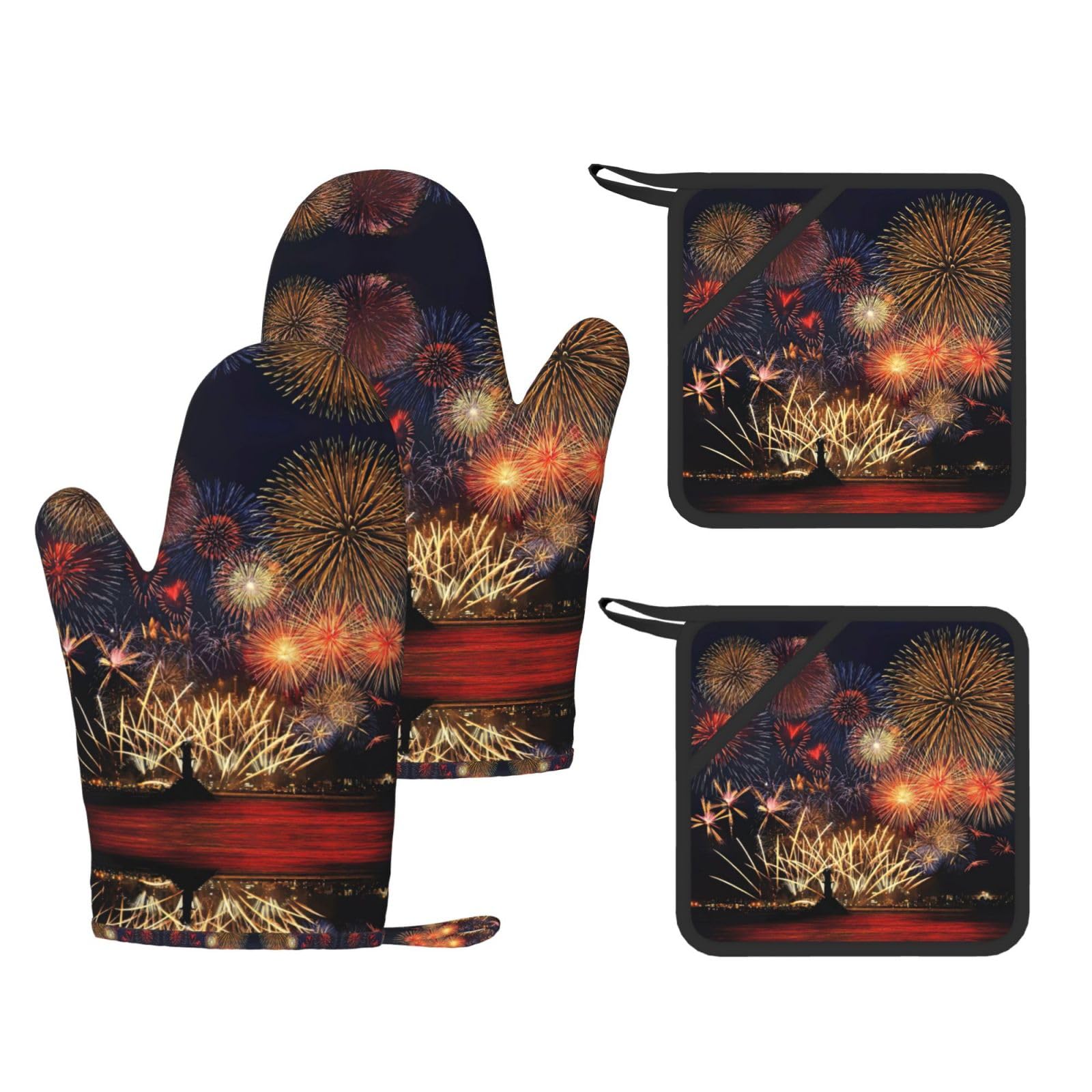 Fireworks Printed Pot Holders and Oven Mitts 4-Piece, Non-Slip Kitchen Gloves with Utensil Pocket for BBQ
