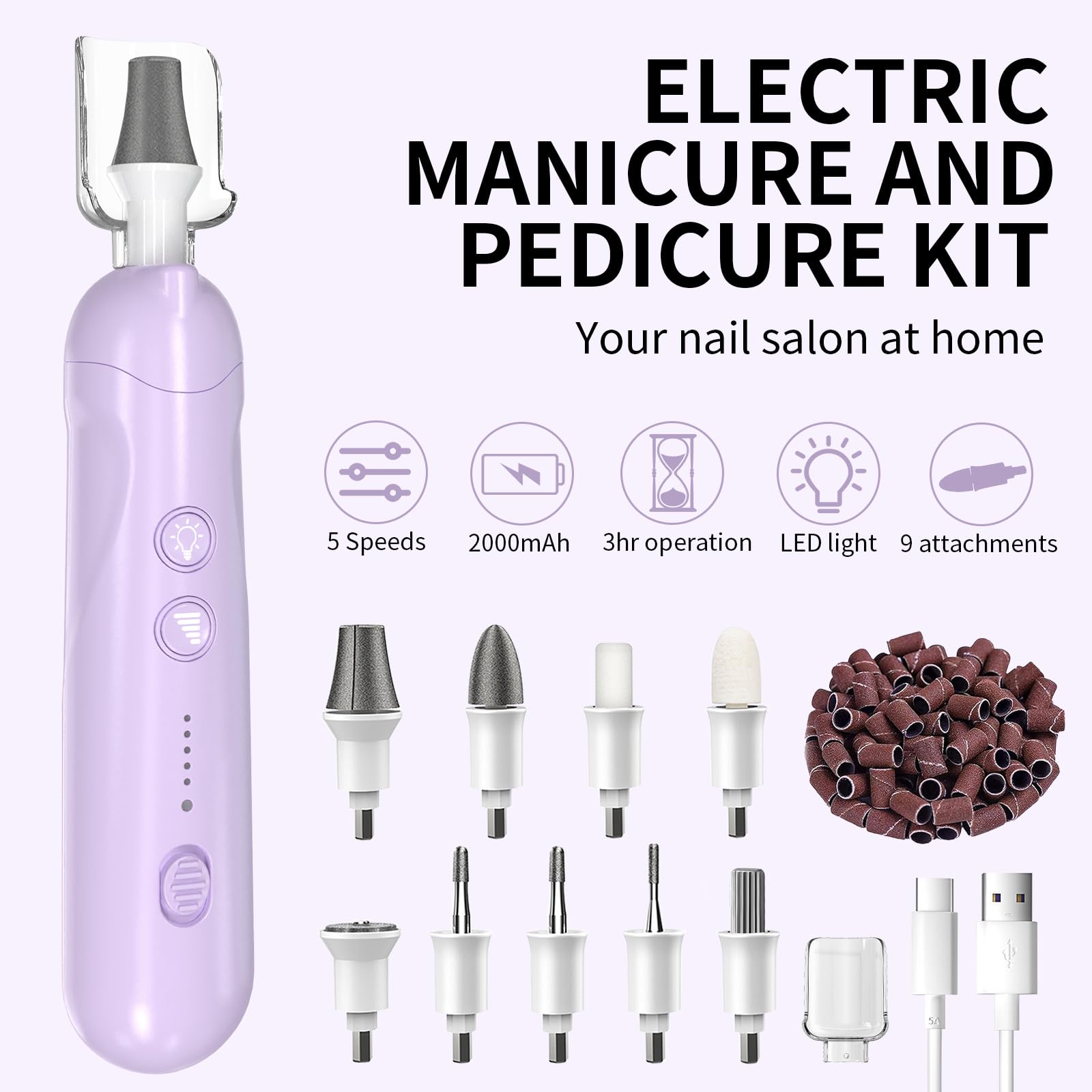 Set di lime elettriche senza fili, strumenti per pedicure ricaricabili per piedi, kit professionale per manicure e pedicure a 5 velocità per la cura delle mani e dei piedi, trapano per unghie spesse e