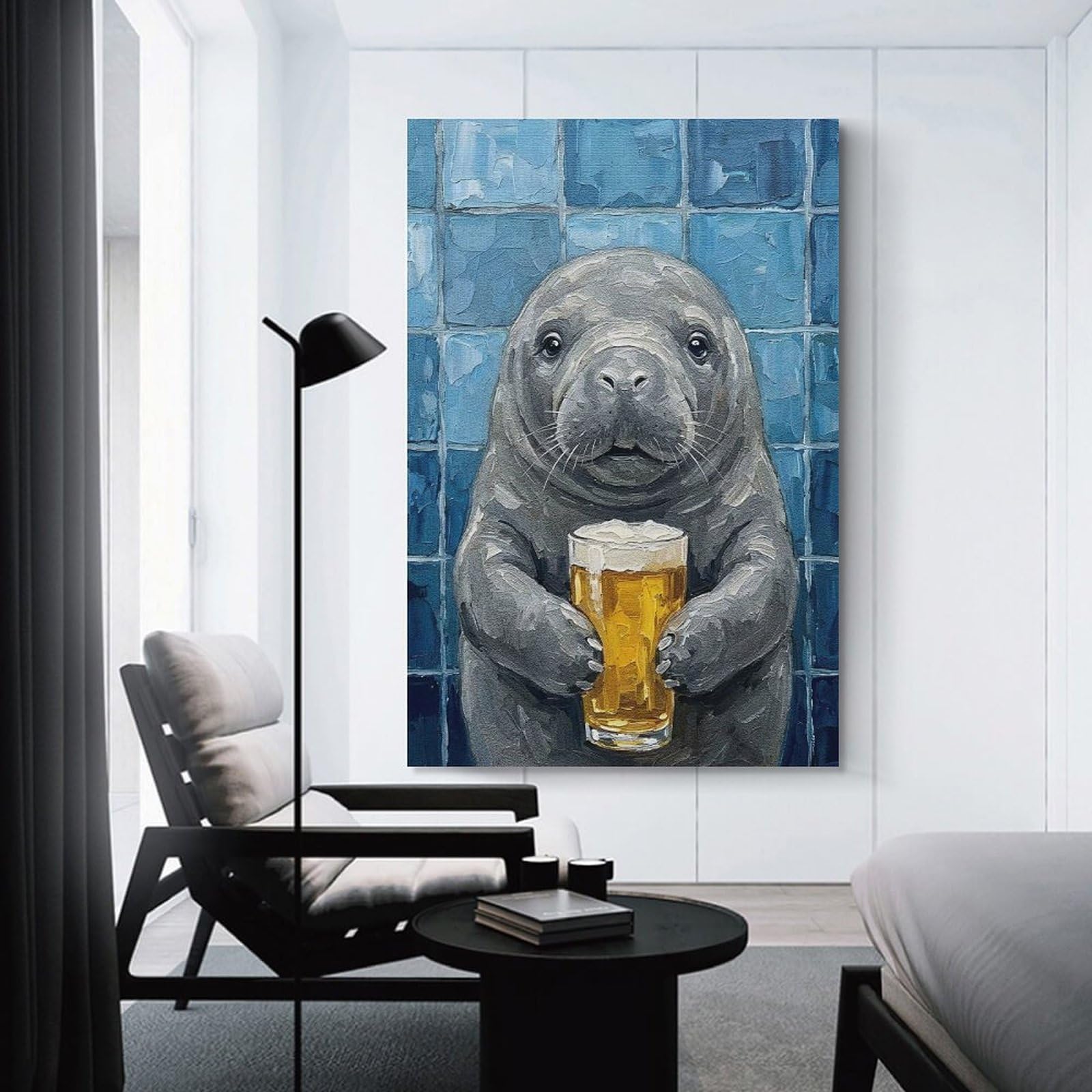 Junmoney Canvas Wall Picture Manatee with Beer Painting, 12x18inch(30x45cm), for Bedroom, Lounge Or Dressing Area, Stylish Decor for A Restful Room Update