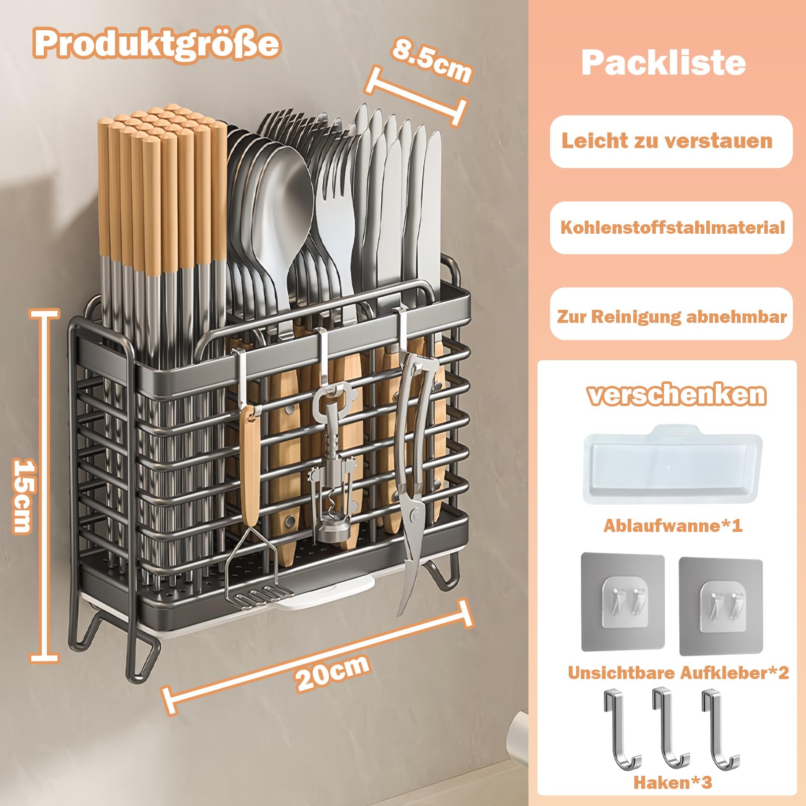 Porta posate, contenitore per utensili da cucina, porta posate a parete, adesivo senza tracce in acciaio al carbonio, contenitore per posate e utensili da cucina (nero)