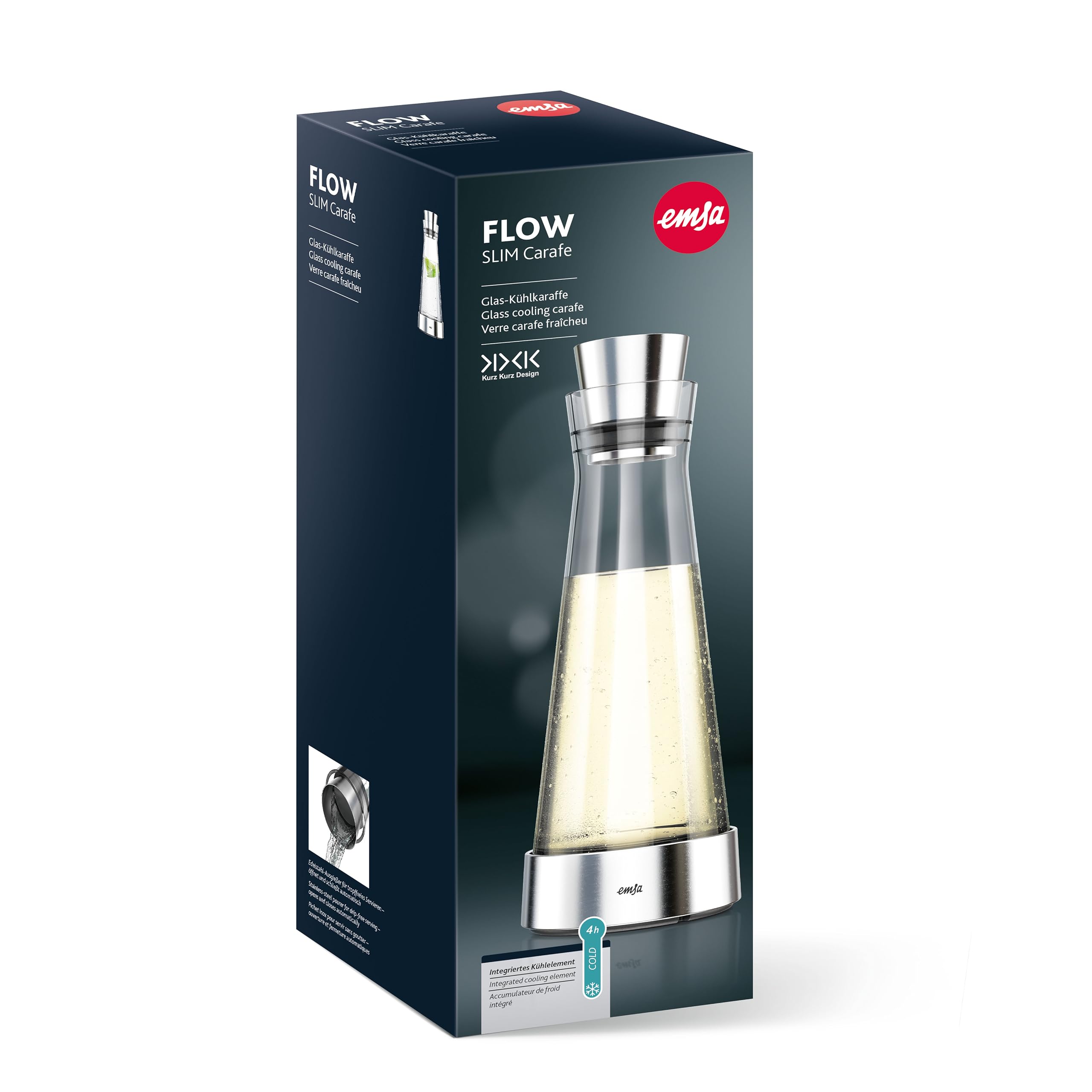 Emsa 514233 Flow Slim Glaskaraffe, mit Kühlelement, Glas, Elegantes Design, 1 Liter, Transparent, 11 x 11 x 38.2 cm