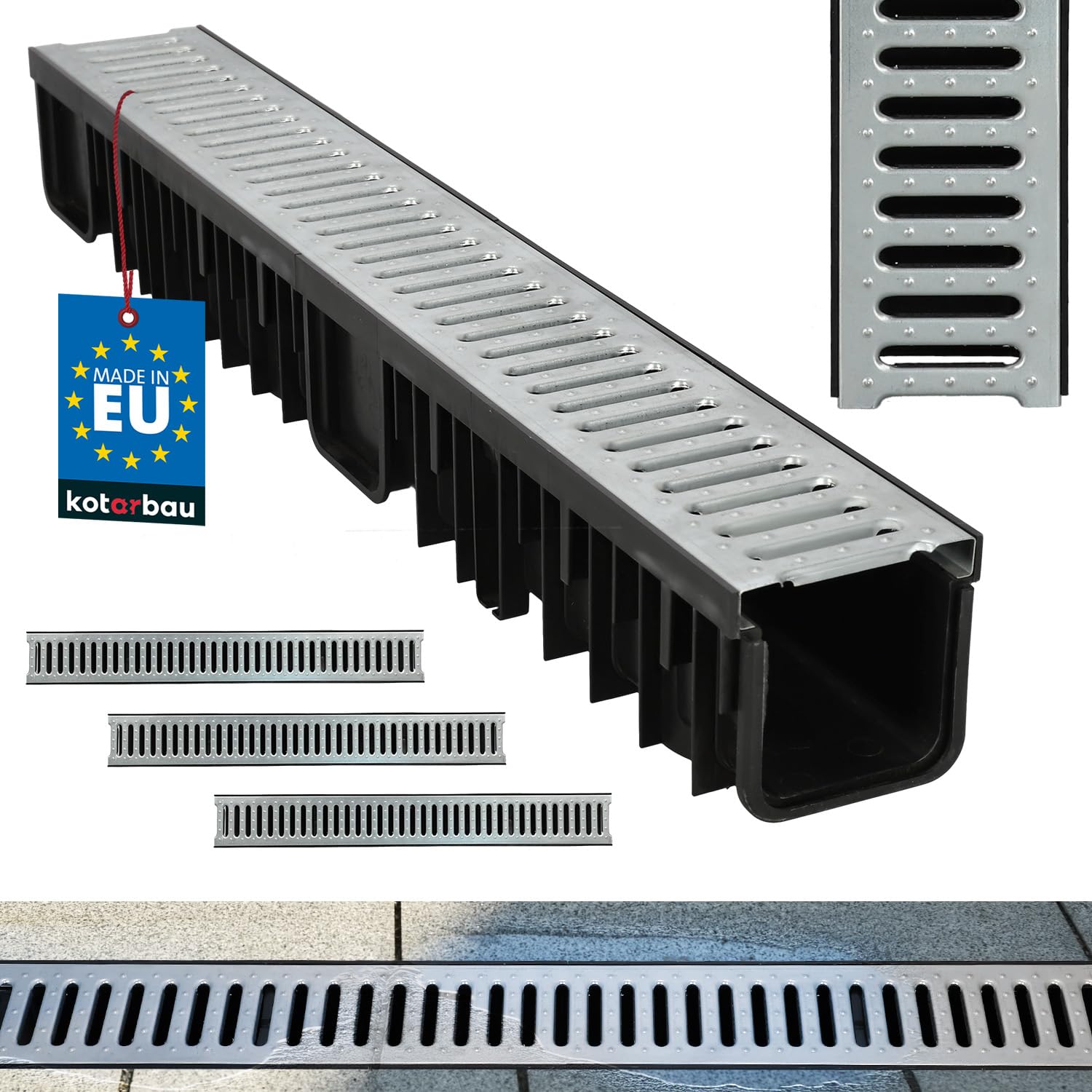 KOTARBAU® Canaleta de drenaje para garaje, sistema A15 EN1433 de 121 mm, rejilla de acero galvanizada, juego completo de canaleta para drenaje de agua de lluvia, canalón de suelo