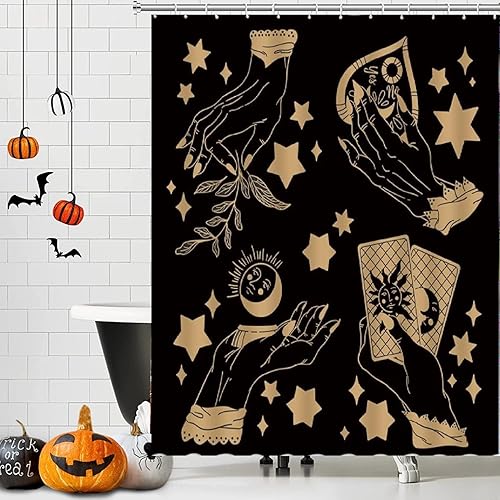 Miniatura 2 de GCTNBJL Cortina de ducha de bruja, diseño de palmistría, espeluznante Ouija, sol, luna, hojas de mano, estrella, bohemio, tarot, magia, alquimia,