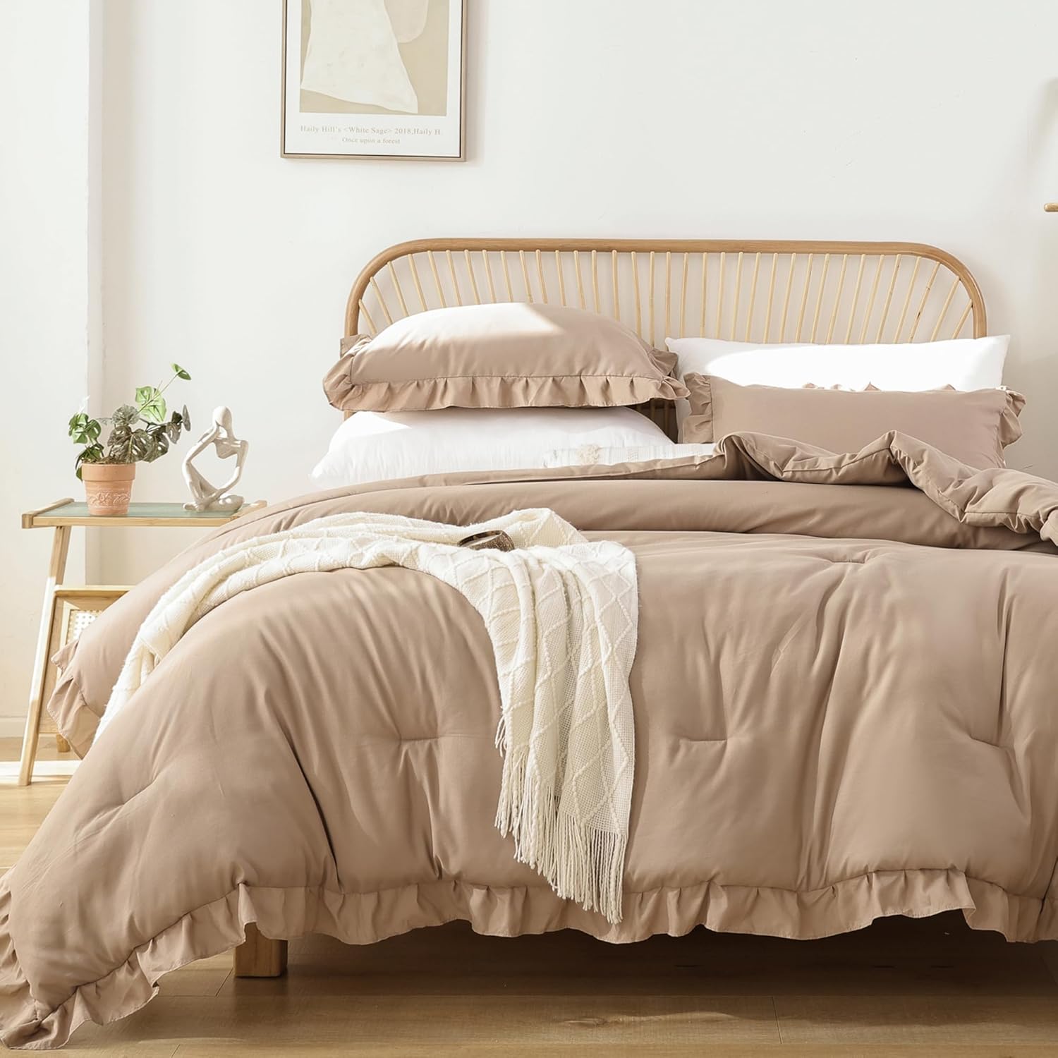JANZAA King Ruffled Comforter Set 3PCS (1 Taupe Comforter Set and 2 Pillowcases) Vintage Farmhouse Shabby Chic Bedding Soft Fluffy All Season