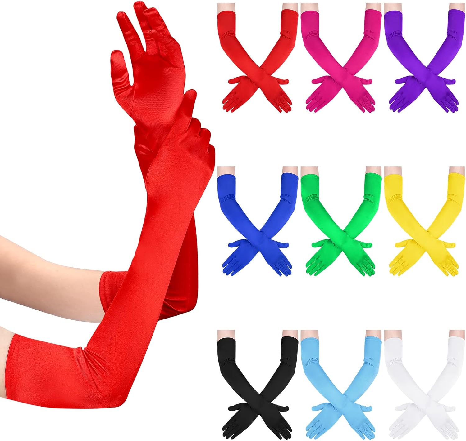 9 Pcs Long Satin Gloves for Women Elbow Length Opera Gloves 1920s Evening Party Mitten for Adult, 9 Color