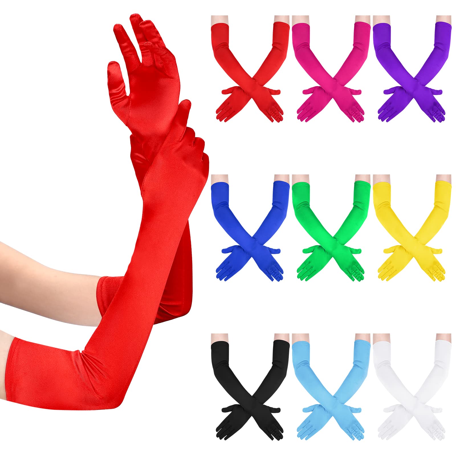 Tisancy9 Pcs Long Satin Gloves for Women Elbow Length Opera Gloves 1920s Evening Party Mitten for Adult, 9 Color