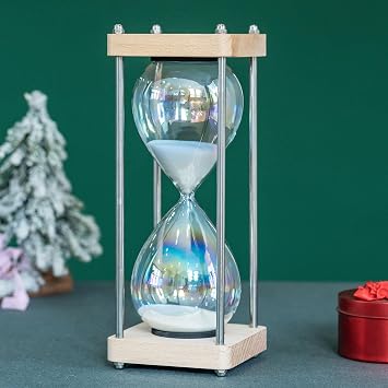 Large 60-Minute Hourglass Sand Timer,Pastel Macaron Glass & Natural Oak Wood Base, Modern Minimalist Office Home Desktop Decor Macaron White