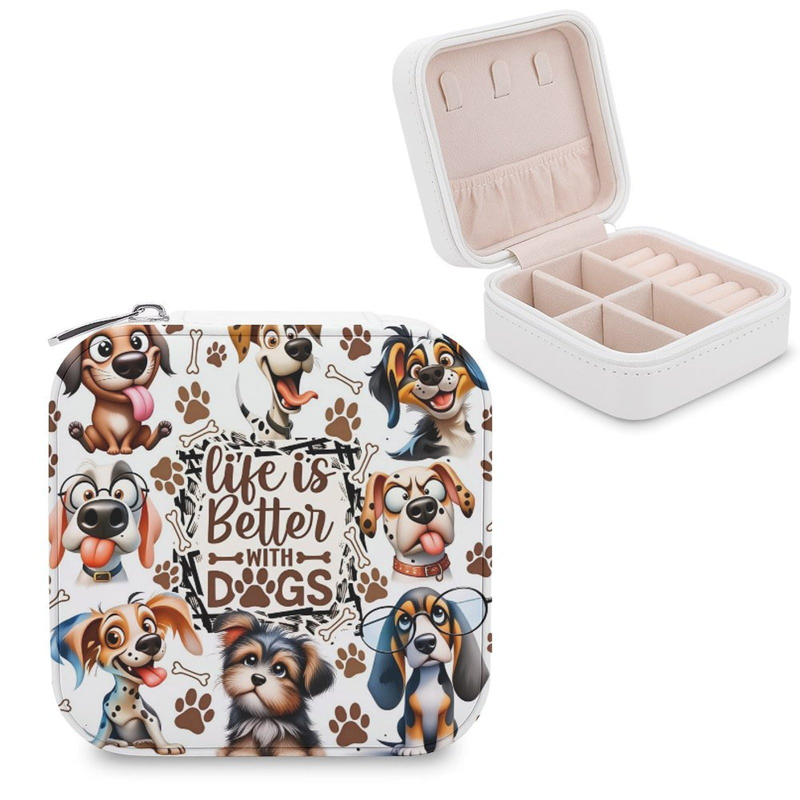 Dog Companion, Life Is Better Small Travel Jewelry Box Organizer z zamkiem błyskawicznym dla kobiet, skórzany przenośny futerał na biżuterię na pierścionek kolczyki naszyjniki bransoletka