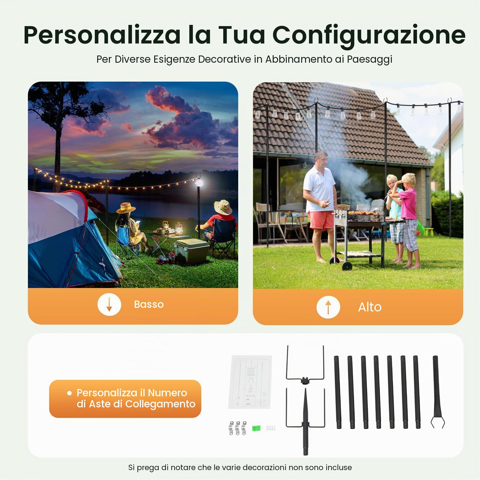 Set di 4 pali luminosi da esterno da 3m – Supporto per luci per giardino, terrazza e balcone – Supporto per luci per feste e Natale regolabile in altezza – Incl. picchetto da terra e supporto per