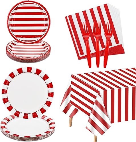Suministros de fiesta de circo de carnaval, decoraciones de fiesta de tiras rojas y blancas, 81 piezas, incluye platos, servilletas, mantel de