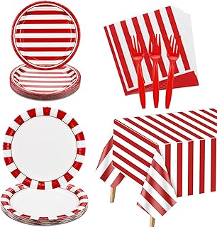 Carnival Circus Party Supplies, Red and White Strips Party Decorations, 81 Pcs Includes Plates, Napkins, Carnival Tablecloth, Forks, for Birthday, Carnival, Baby Shower, Christmas, Picnic, Serves 20