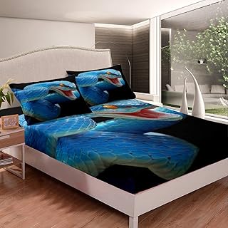Feelyou 3D Snake Bed Sheet Set for Kids Boys Teens Green Snake Bedding Set 3D Reptile Print Fitted Sheet Wild Animal Bed Cover,Bedding Collection 3Pcs Sheets Full Size