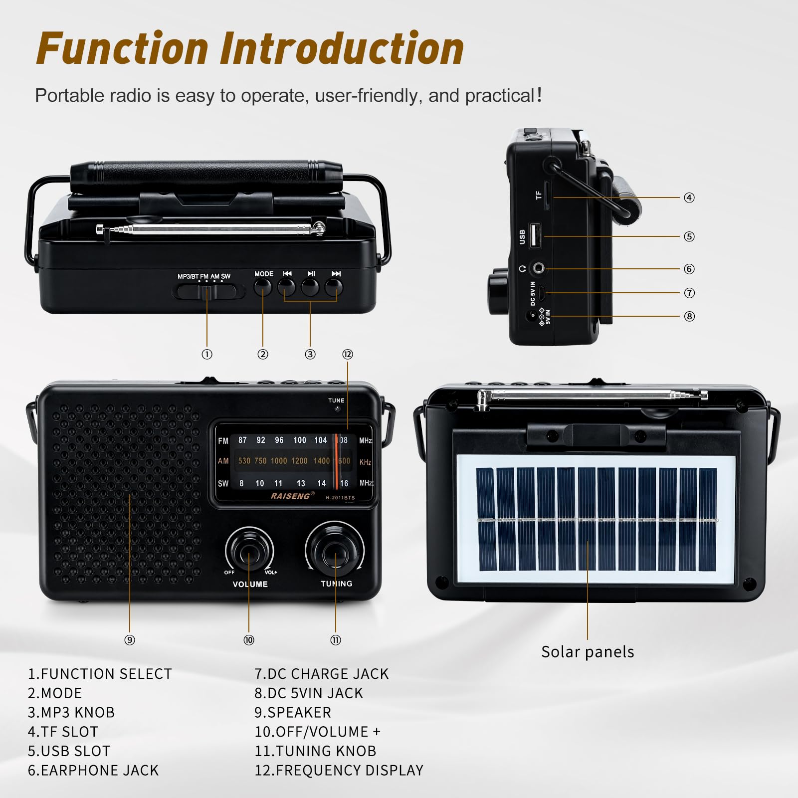 Radio portátil con Bluetooth y energía Solar - Radio Recargable FM/Am/SW, Reproducción USB/TF, Sonido Hi-Fi, Tamaño de Bolsillo para el Aire Libre, Viajes, Uso doméstico (Negro)