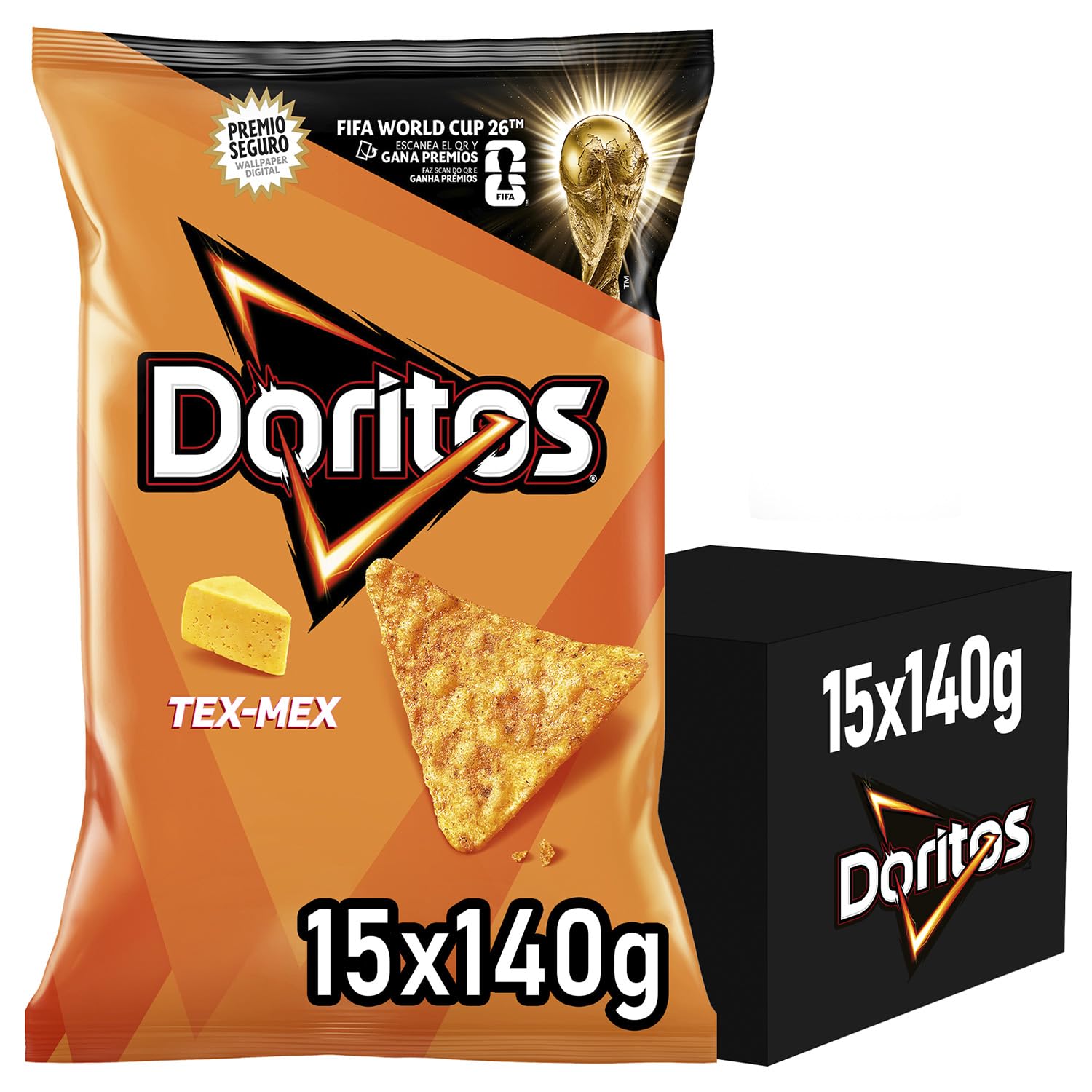 DORITOS Tex Mex Nachos de Maíz Sabor Queso para Aperitivo y Fiestas, Bolsas Individuales de 140 g, Pack de 15