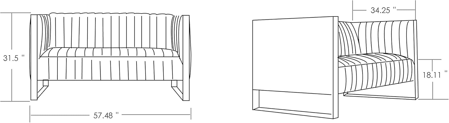 Manhattan Comfort Trillium Velvet 57" Velvet Loveseat for Living Room, High-Density Foam, Vertical Channeling, Gold Stainless Steel Frame, No Assembly Required, Set of 1, Black