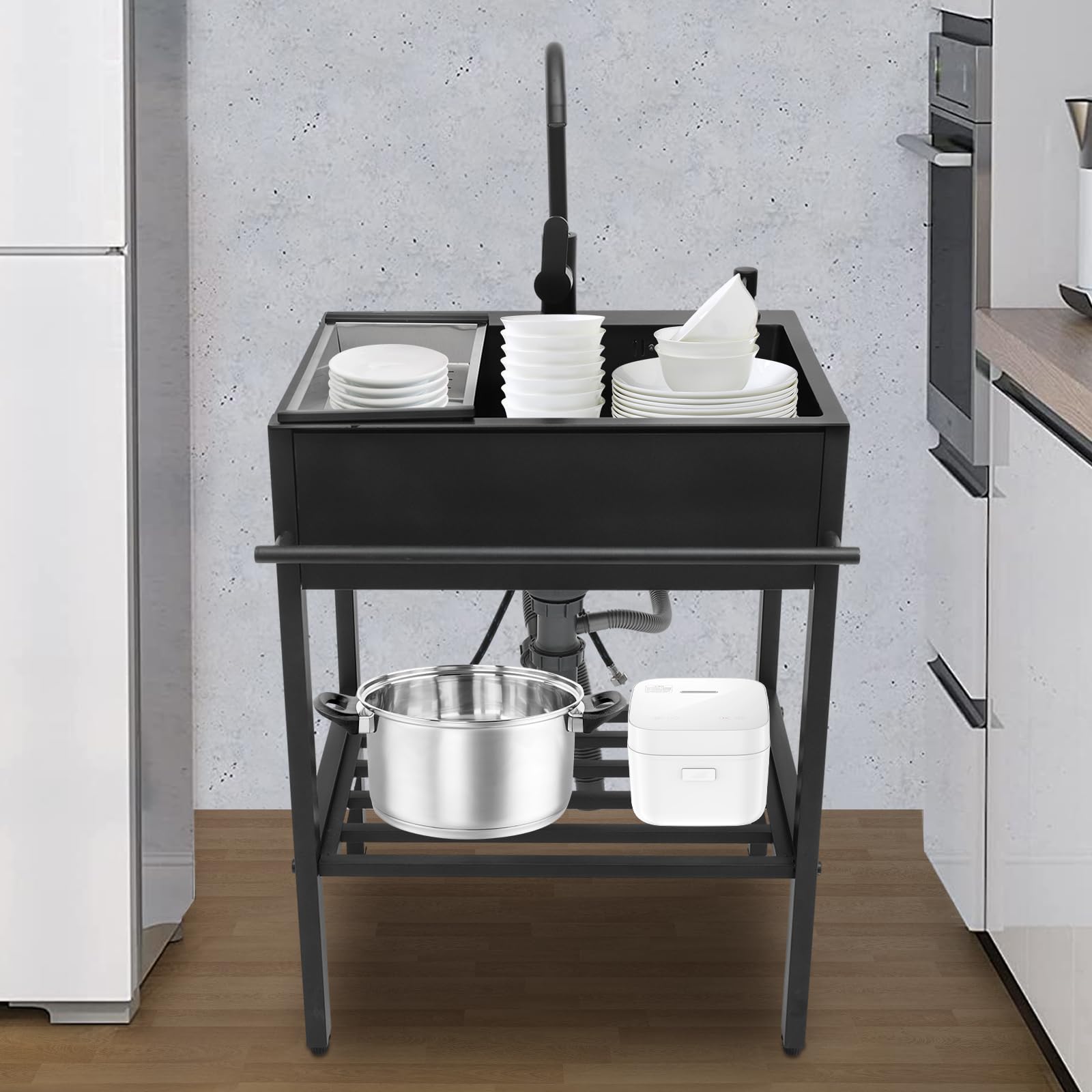 Freistehende Edelstahl Spültisch, Mobile Spüle mit Wasserhahn, 1 Becken Spühlbecken mit Arbeitsplatte und untere Ablage für Außen, Innen, Küche, Restaurant, Schwarz