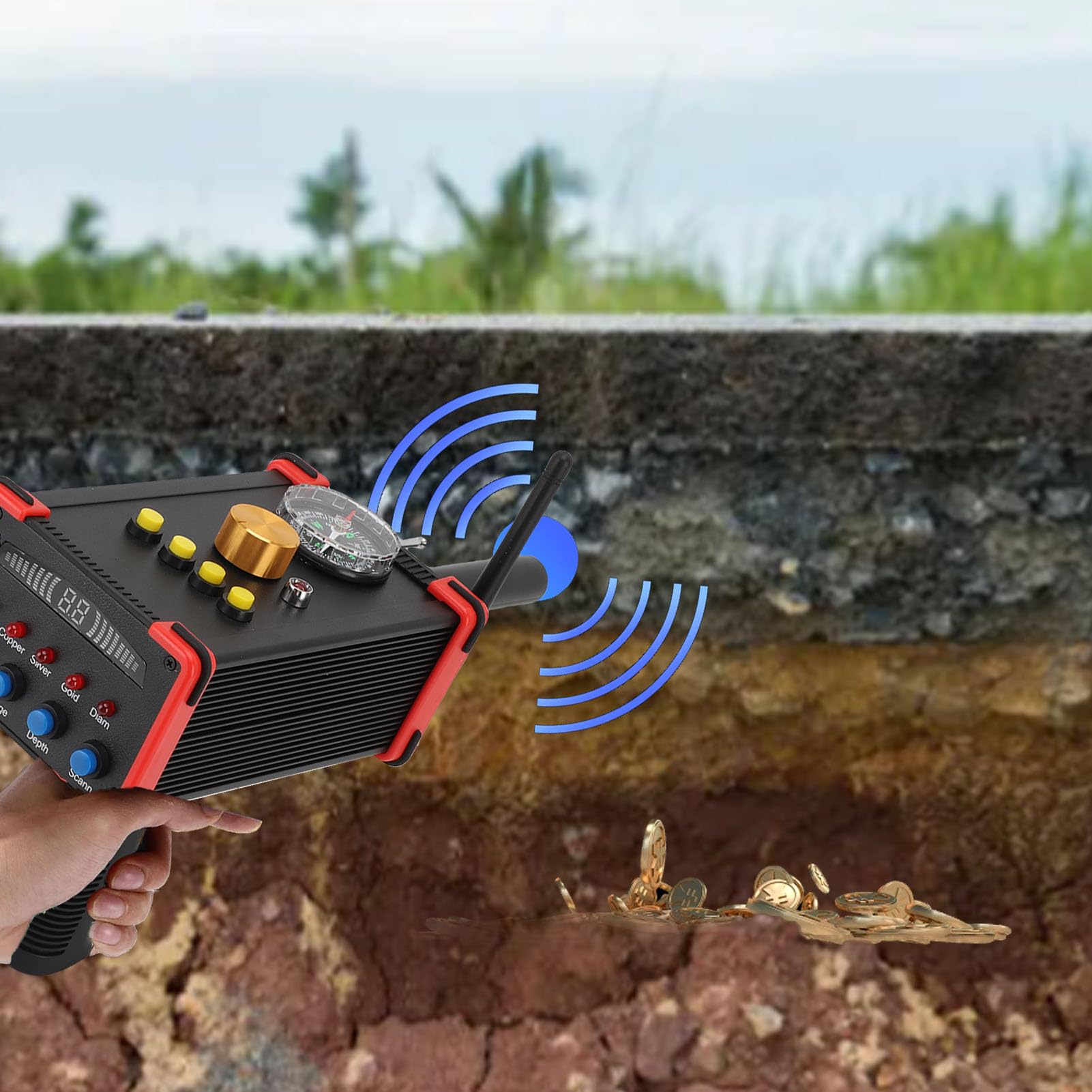 Tnfeeon Détecteur de Métaux, Détecteur de Métaux Portable Léger et Robuste avec Boussole, Profondeur de 49,2 Pieds, Portée de 1000 M pour L'exploration, la Randonnée, la Plage, la