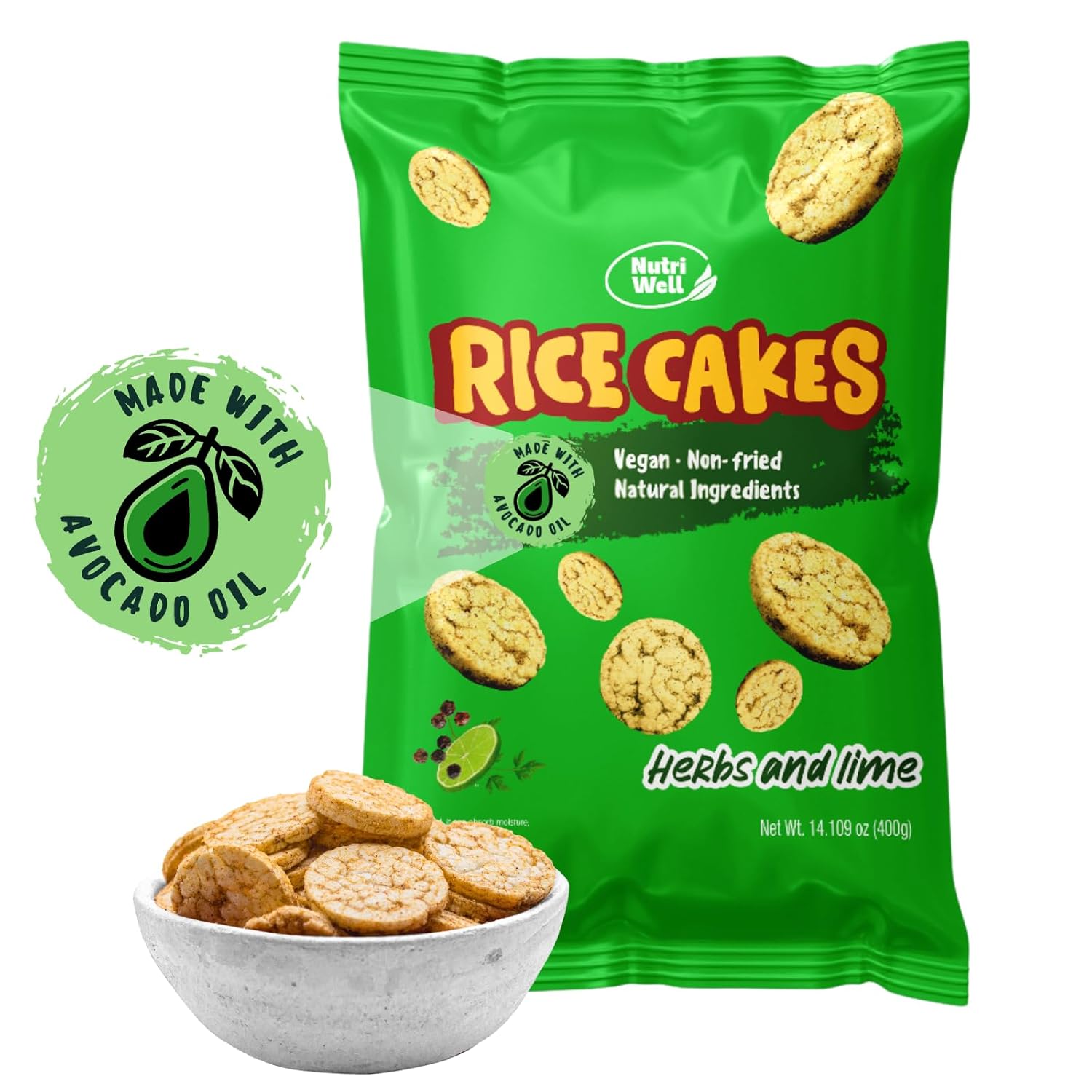 Nutriwell Air-Puffed Rice Cakes with Herb & Lime – Crispy Popped Rice Snack, Gluten Free, Avocado Oil, Light & Crispy, 130 Cal, Natural Seasonings (14 Servings)
