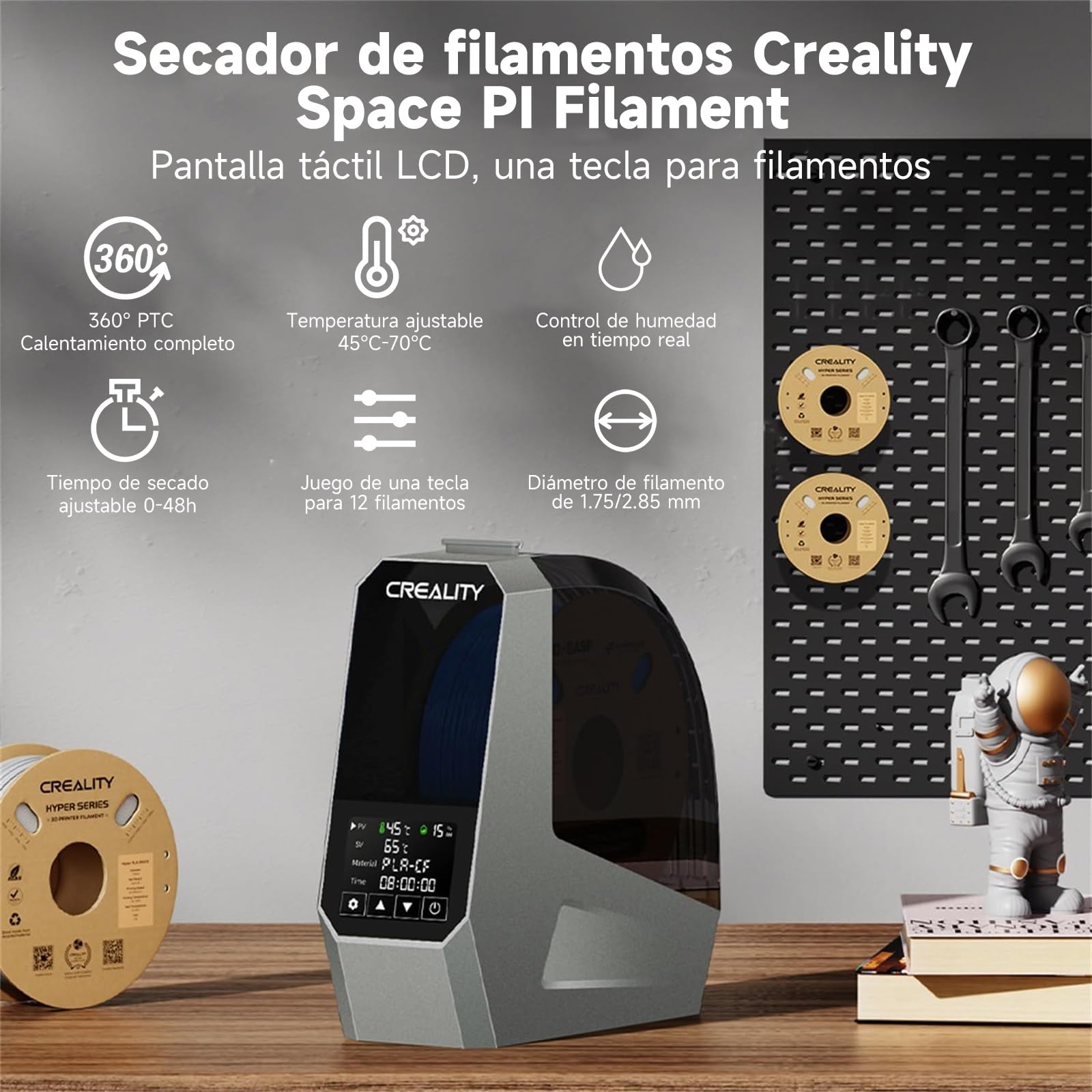 Creality Space PI Secador de Filamento, Caja Secadora de Filamento para Impresora 3D con Calentamiento 360°, Caja Deshidratadora de Filamento Mejorada Soporte PLA ABS PETG TPU 1KG 1.75/2.85mm