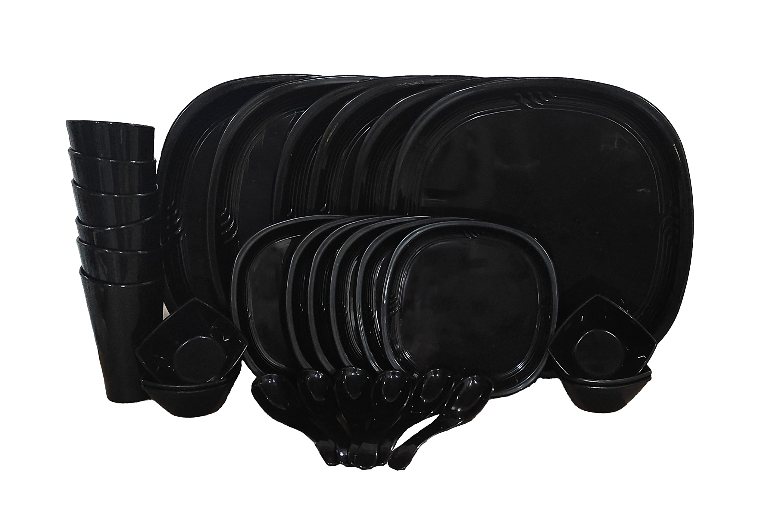 Mehul Plastic Dinner Set, Microwave Safe Food Grade Unbreakable Dinner Set, 30 pcs Dinner Set for Family of 6, Square Shape Color-Black