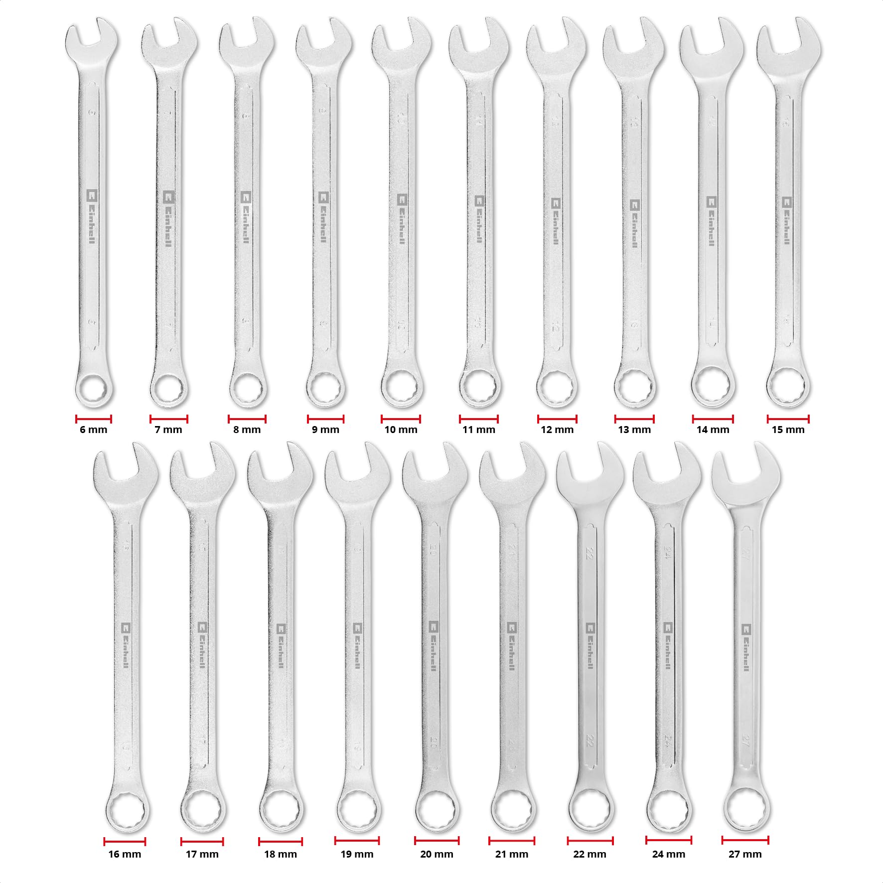 Original Einhell E-Case Pad 19 pezzi chiavi combinate (Ø 6–27 mm, profilo 12 lati, acciaio cromo-vanadio, finitura satinata, inserto EVA, sistema E-Case)