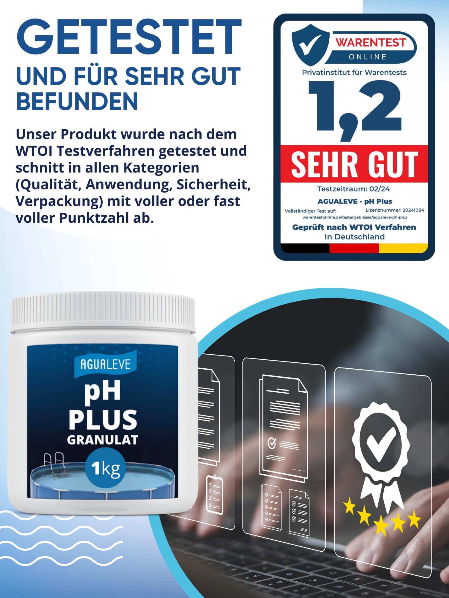 AGUALEVE® pH Plus Granulat 1kg *NEU* | hebt den pH-Wert punktgenau | für Pools, Aufstellpools, Whirlpools jeder Art und Größe | Markenqualität Made in Germany | mit Note 1,2 getestet