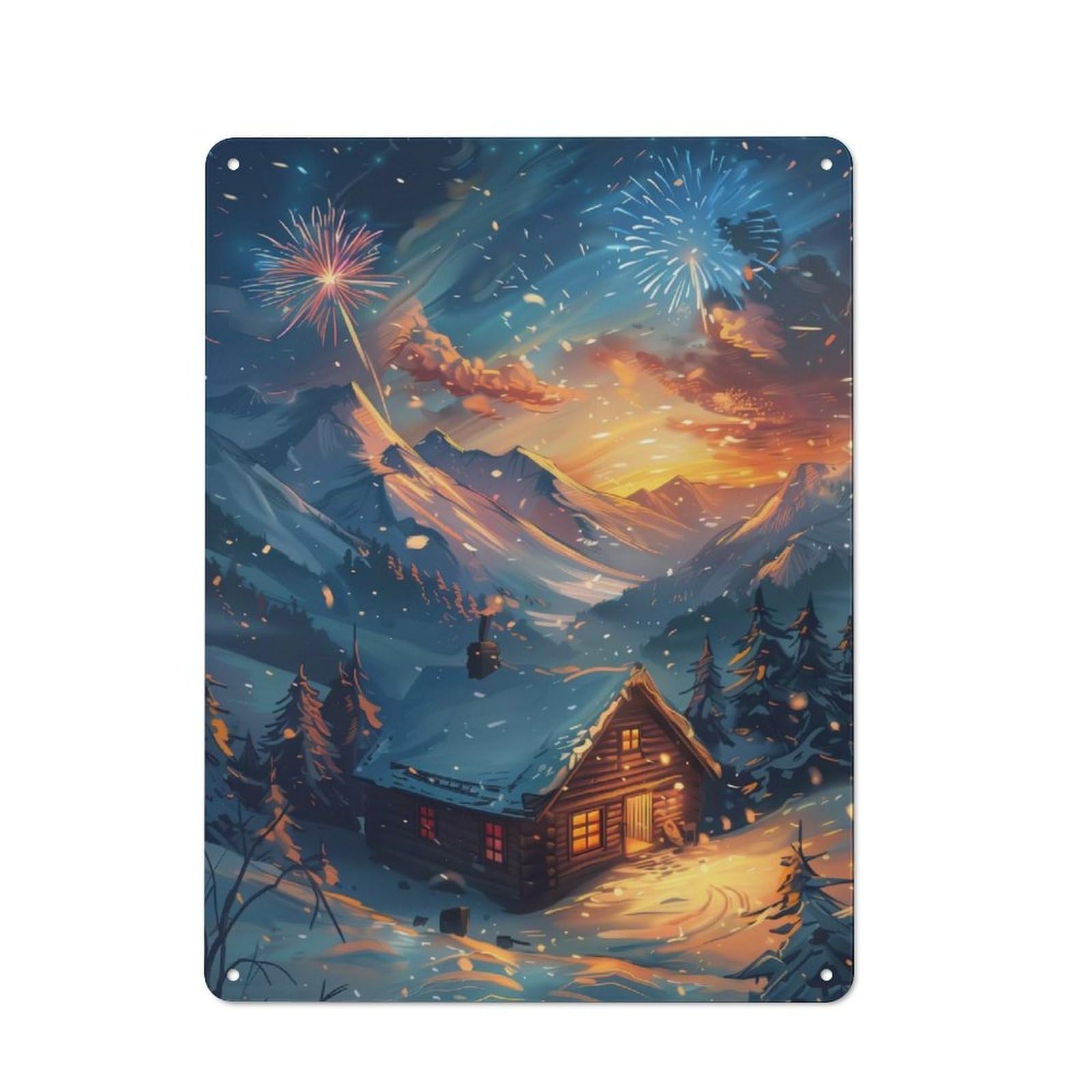 Junmoney Cozy Cabin In Snowy Mountains Metal Plaque 40X30cm With For Garage Wall, Retro Decor, For Garage Decor Collectors Refreshing A Room In Autumn