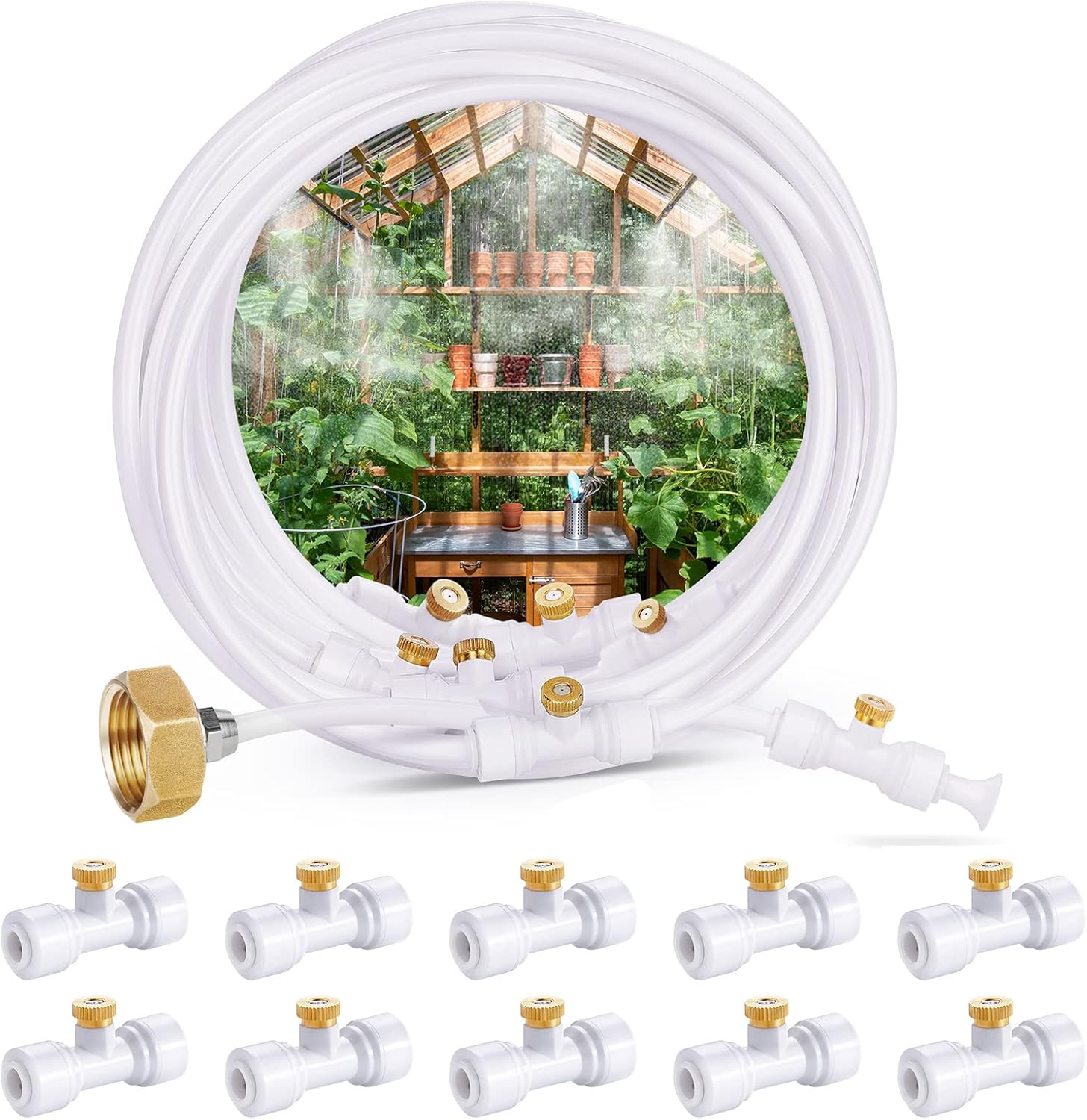 HOMENOTE Misting Cooling System, 26.3FT (8M) Misting Line + 7 Brass Mist Nozzles + Brass Adapter(3/4") + 10Pack Misting Nozzles, Misters for Outside Patio Cooling Garden Greenhouse Watering