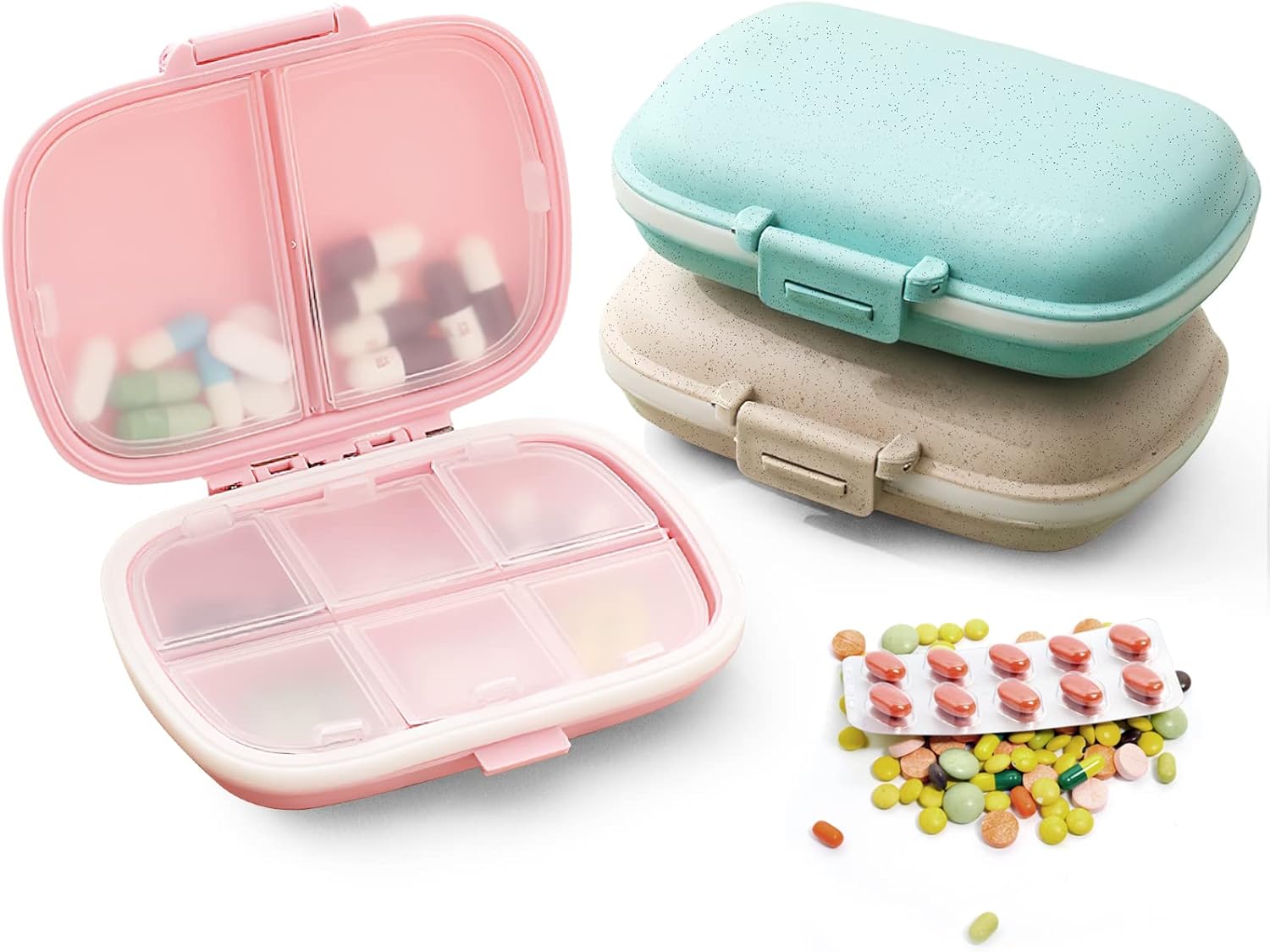 Travel Pill Organizer, 3 Pcs 8 Compartments Portable Pill Case, Daily