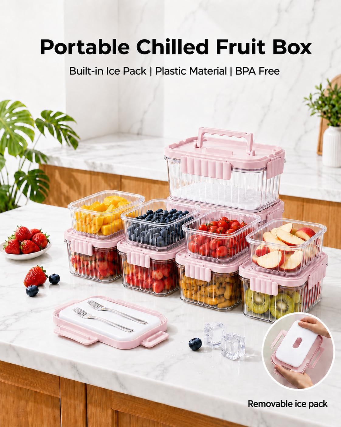 Snackle Box Container with Reusable Ice Pack, 50.7 oz Pink image 2