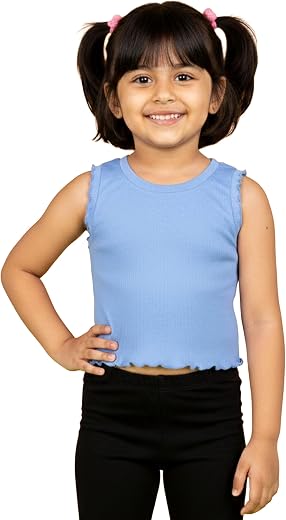 KiddoPanti Girls Cotton Spandex Crop Top | 95% Cotton 5% Spandex Knitted Rib Fabric | Sleeveless T-Shirt | Stretchable &amp; C...