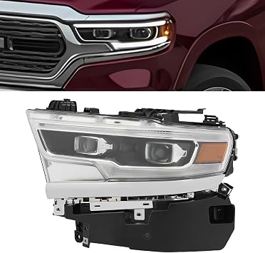 LED Headlight Assembly for 2019-2022 Dodge RAM 1500 Laramie Longhorn/Limited, Dual Projector Models, Chrome Housing, Clear Lens, DRL, 68316085AH, 68316085AB Left Driver + Right Passenger Side