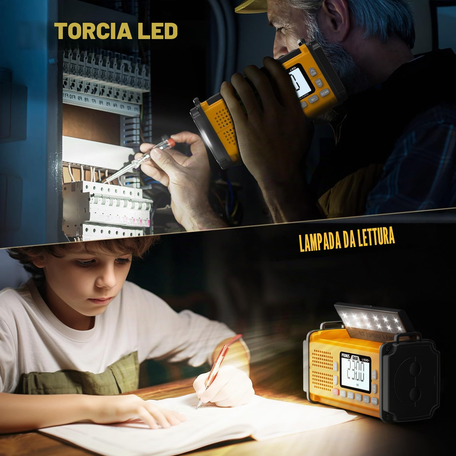 PRUNUS J-924 DAB Radio Portatile Emergenza Solare FM, Radiolina a Manovella Dinamo con Batteria da 10000 mAh, Radio a Pile con Torcia e Luce da Lettura/Allarme SOS per Ourdoor, Emergenza (Giallo)