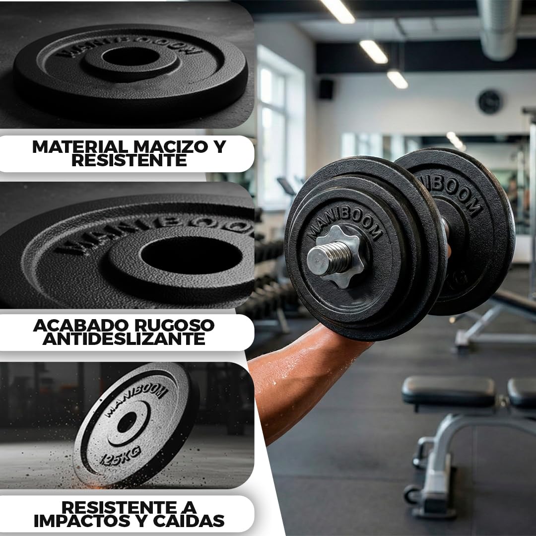 ManiBoom Discos de Pesas de Hierro Fundido (25mm) y Accesorios de Musculación – Sets de Placas y Barras para Gimnasio en Casa (Se Venden por Separado)