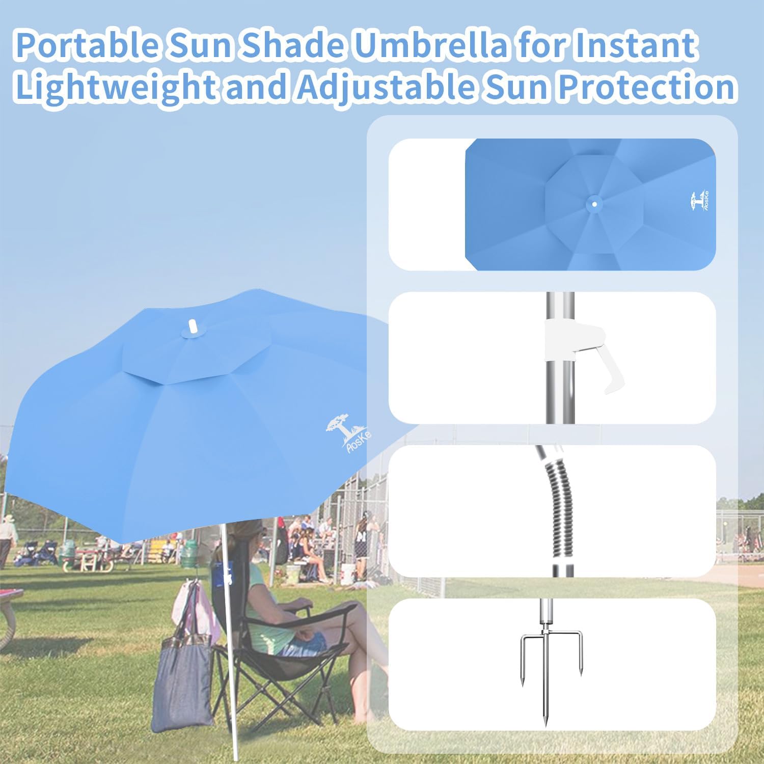 Beach Umbrella 7FT Portable - Patio Umbrella with Sand Anchor Tilt Vent - UPF50+ UV Protection with Carry Bag - Windproof Sunshade Shelter for Patio Garden Beach Pool Backyard - Sky Blue