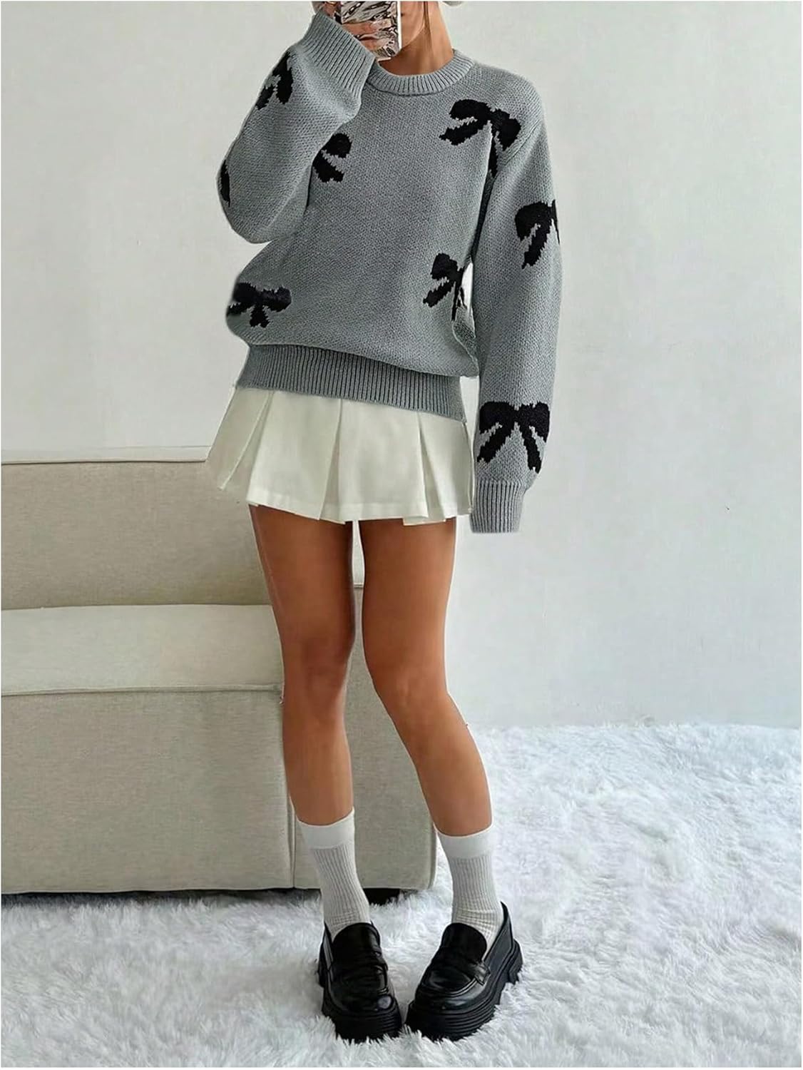 SHENHE Girl's Bow Sweater Crewneck Long Sleeve Soft Knit Fall Cute Sweater Pullover - Image 3