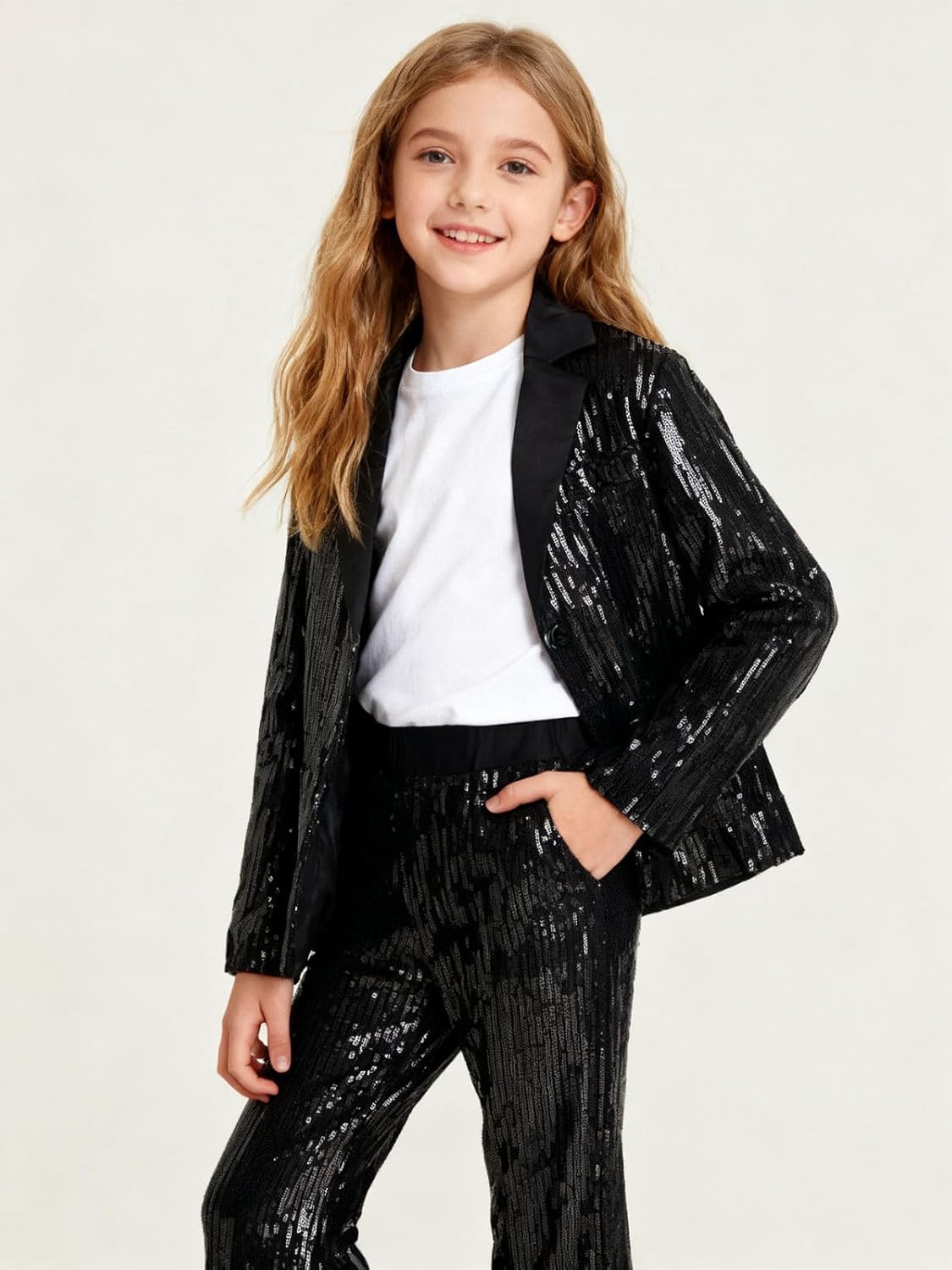 Girls Sequin Flare Pants Sparkle Elastic Waist Dance Pants with Pockets